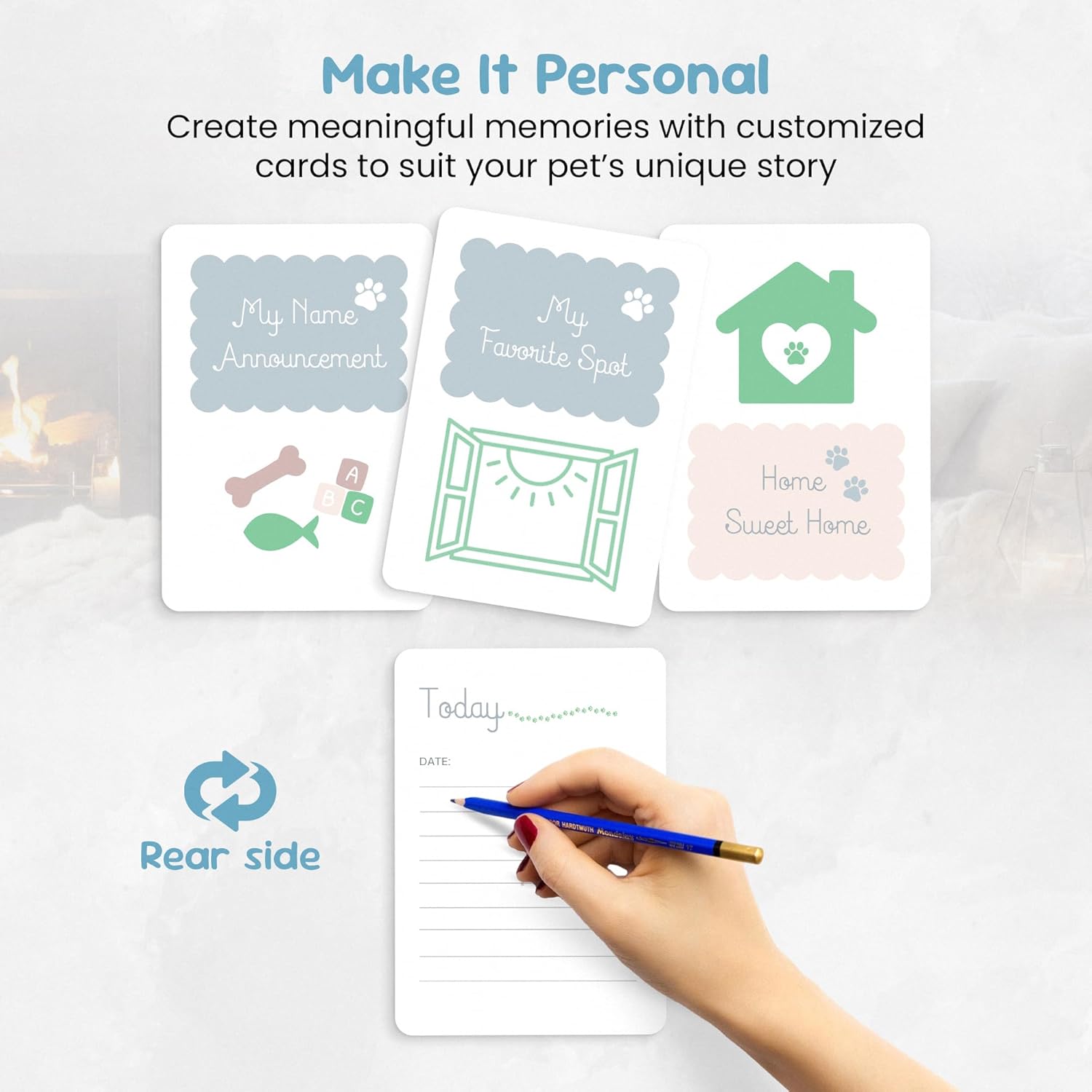 Forever Fun Times customizable pet memory cards with spaces for name, favorite spot, and home details for personalized keepsakes