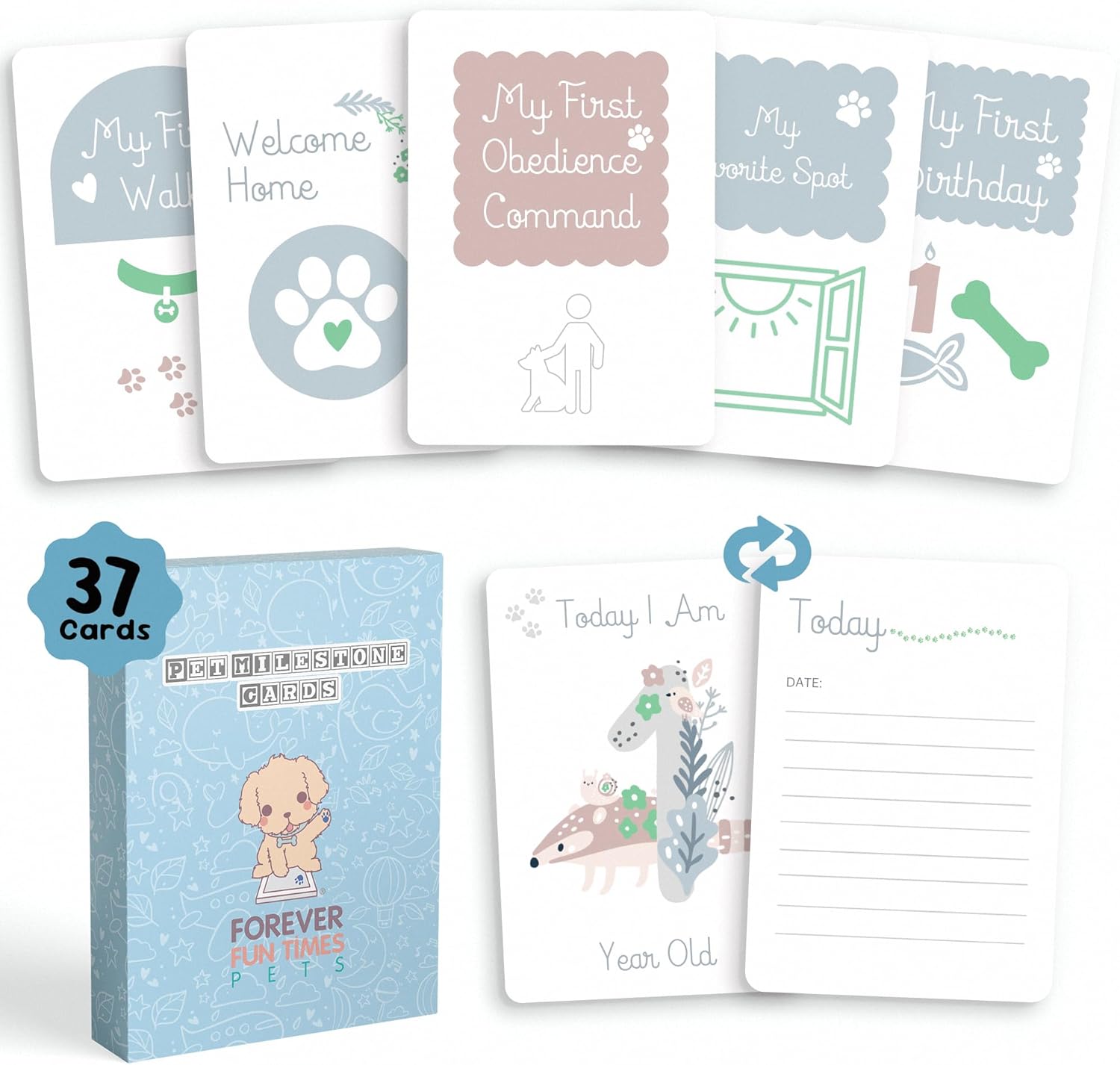 Forever Fun Times pet milestone cards set with 37 illustrated cards for capturing puppy growth moments