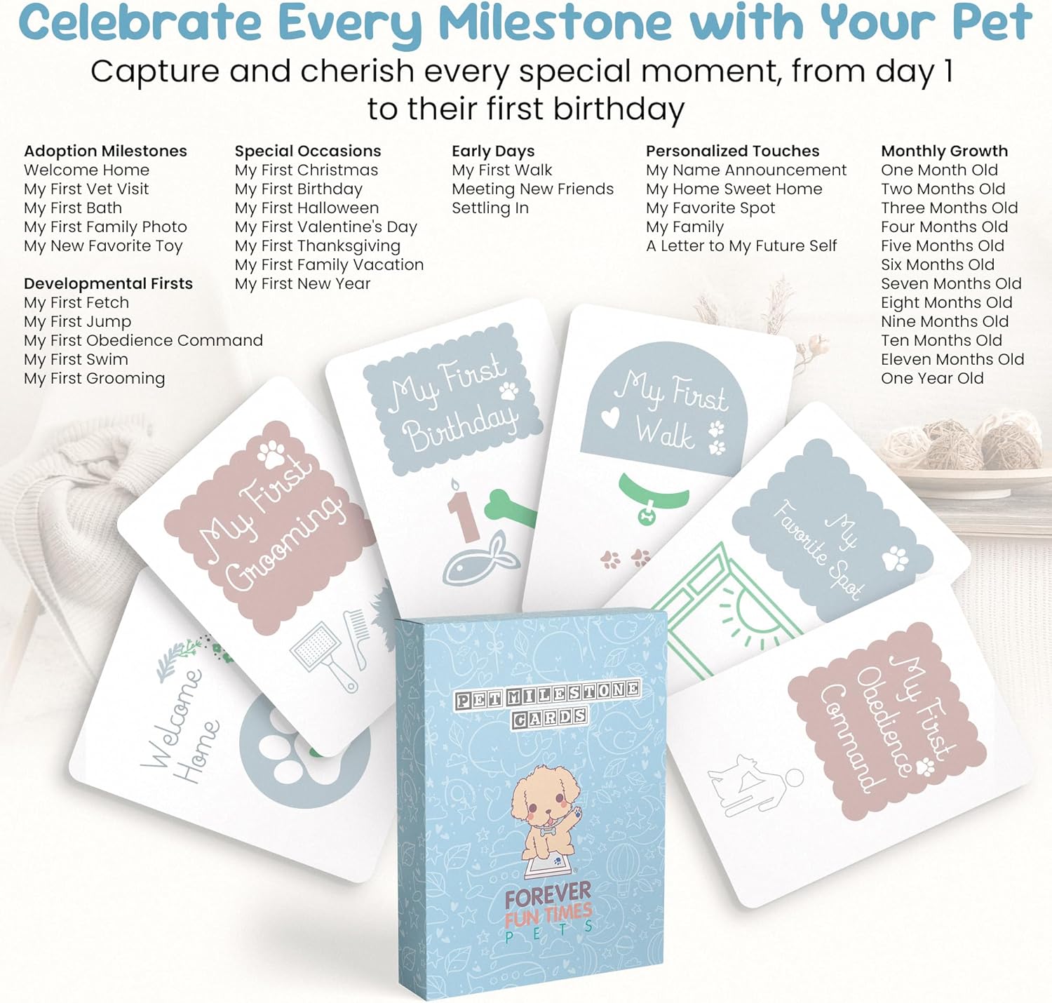Forever Fun Times pet milestone cards set capturing special moments from adoption to first birthday