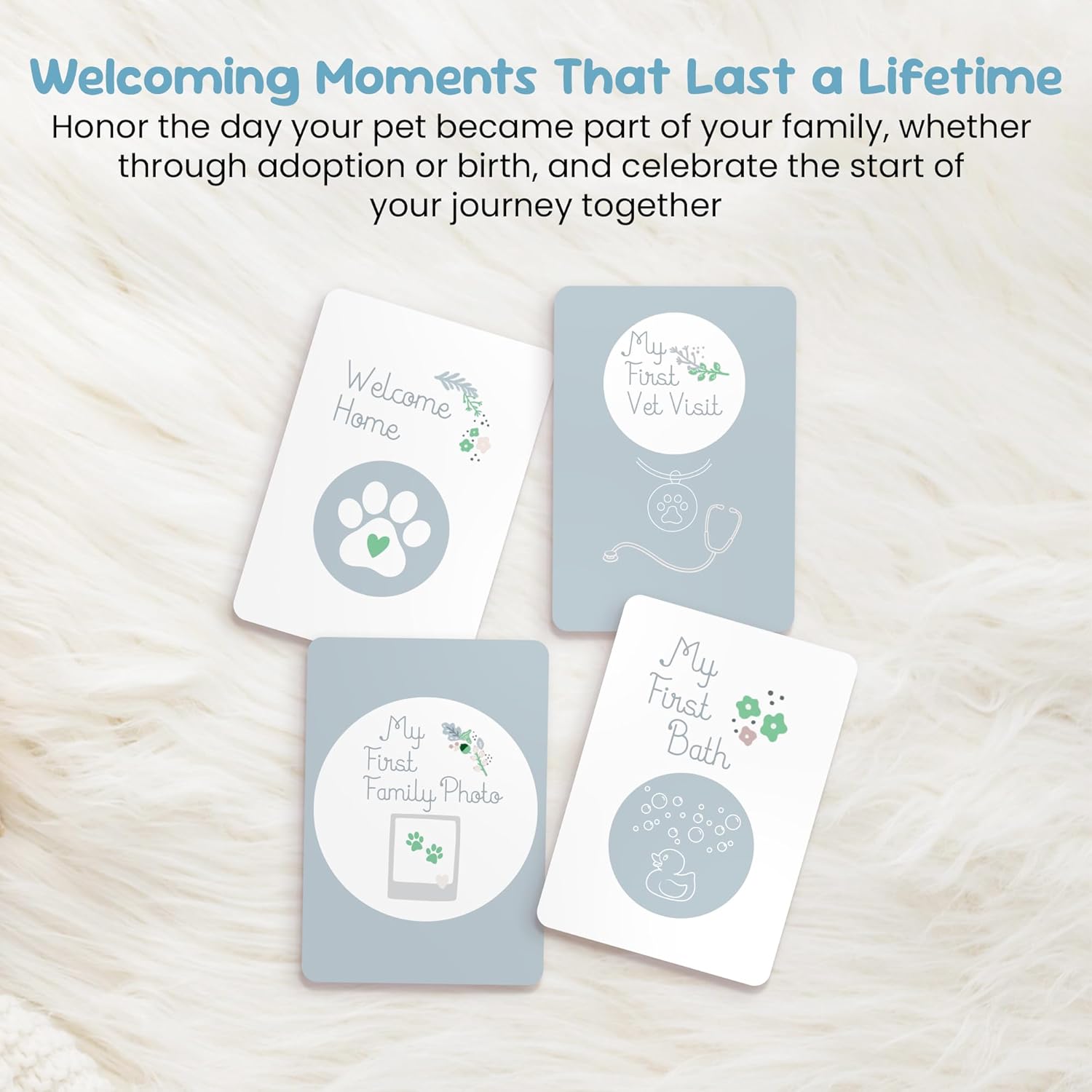 Forever Fun Times pet memory books featuring cards for first vet visit, first bath, family photo, and welcome home