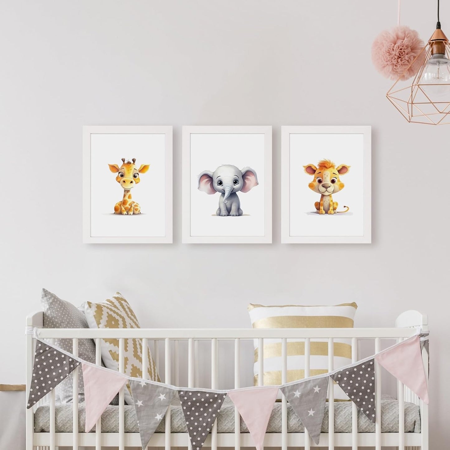 Framed safari animal nursery prints featuring a giraffe, elephant and lion for a stylish children's room