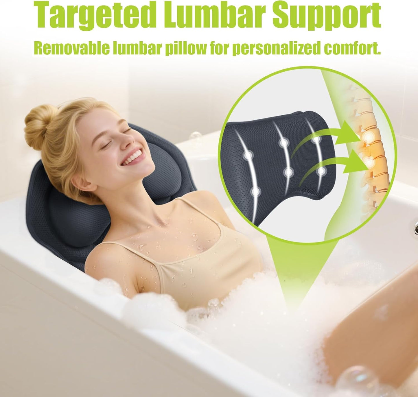 Bathland full body bath pillow for tub with targeted lumbar support and removable lumbar pillow.