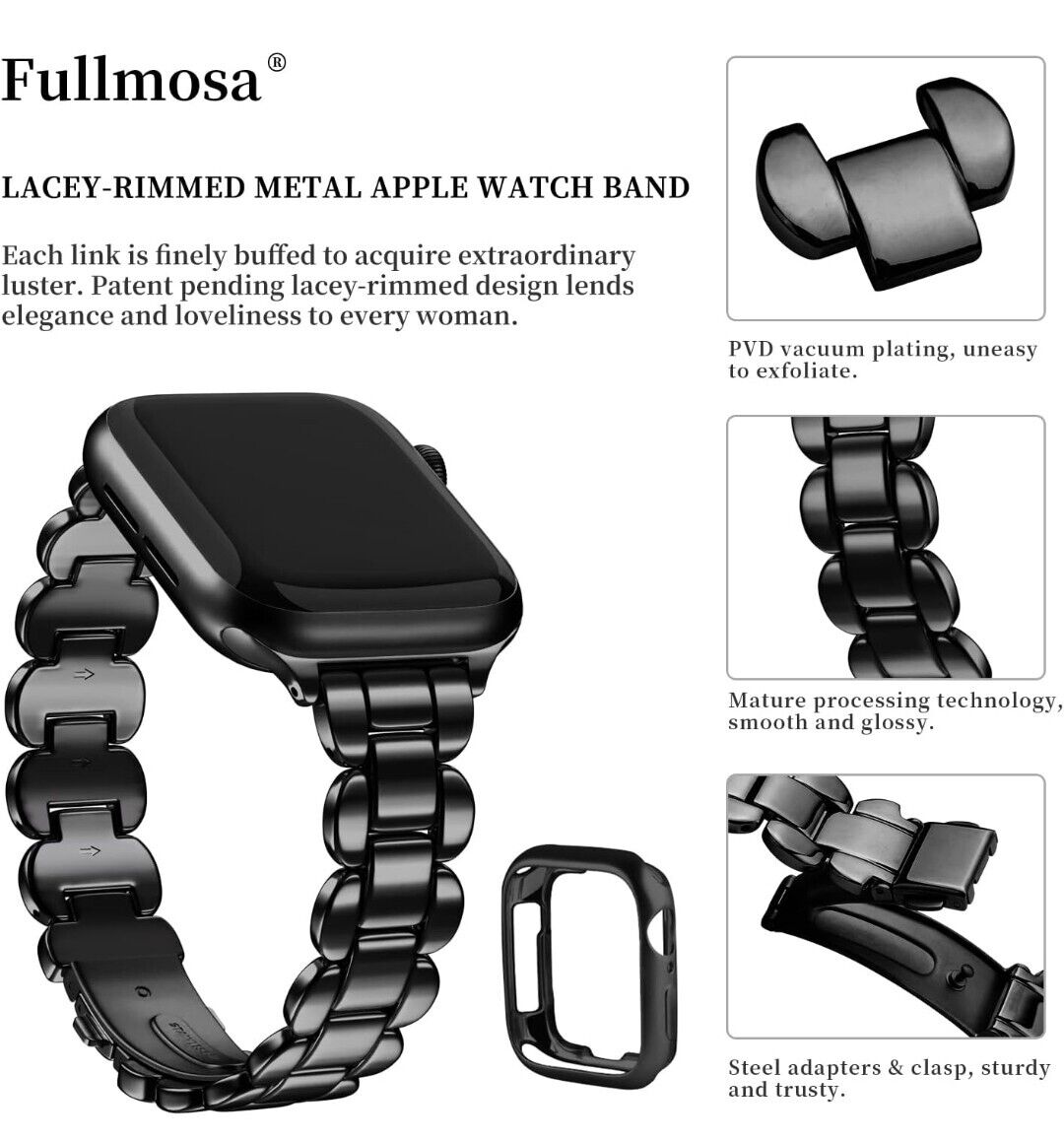 Lacey-Rimmed Metal Apple Watch Strap 38mm in black with elegant design and secure clasp