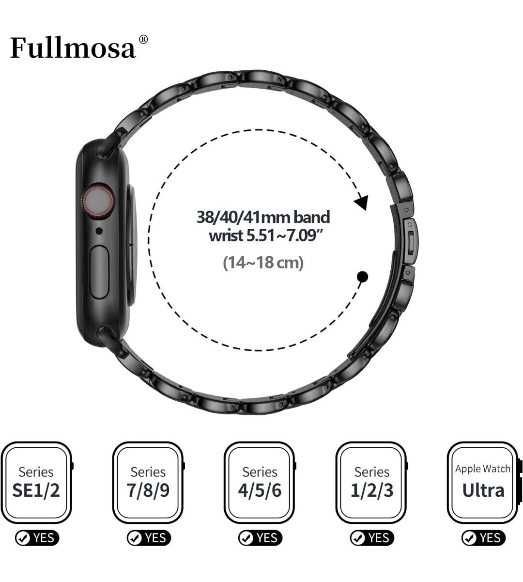Fullmosa metal Apple Watch strap 38mm with adjustable links and compatible with multiple Apple Watch series