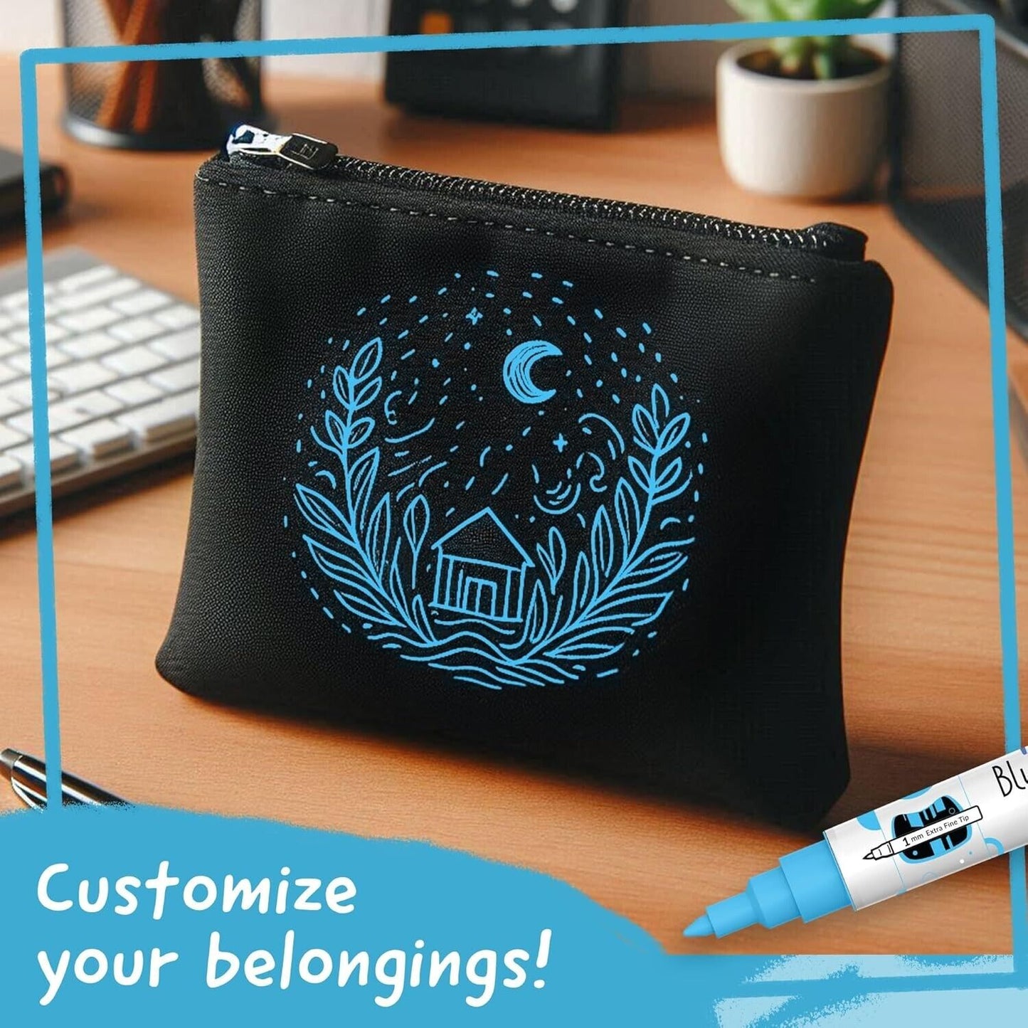 Black pouch featuring blue metallic paint markers illustration for personalised storage solutions