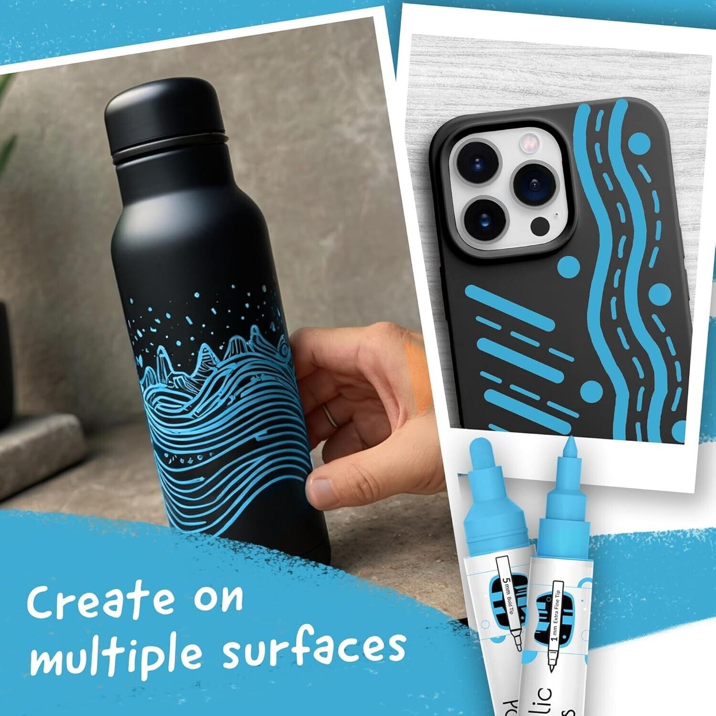 Blue metallic paint markers for creating vibrant designs on multiple surfaces like bottles and phone cases