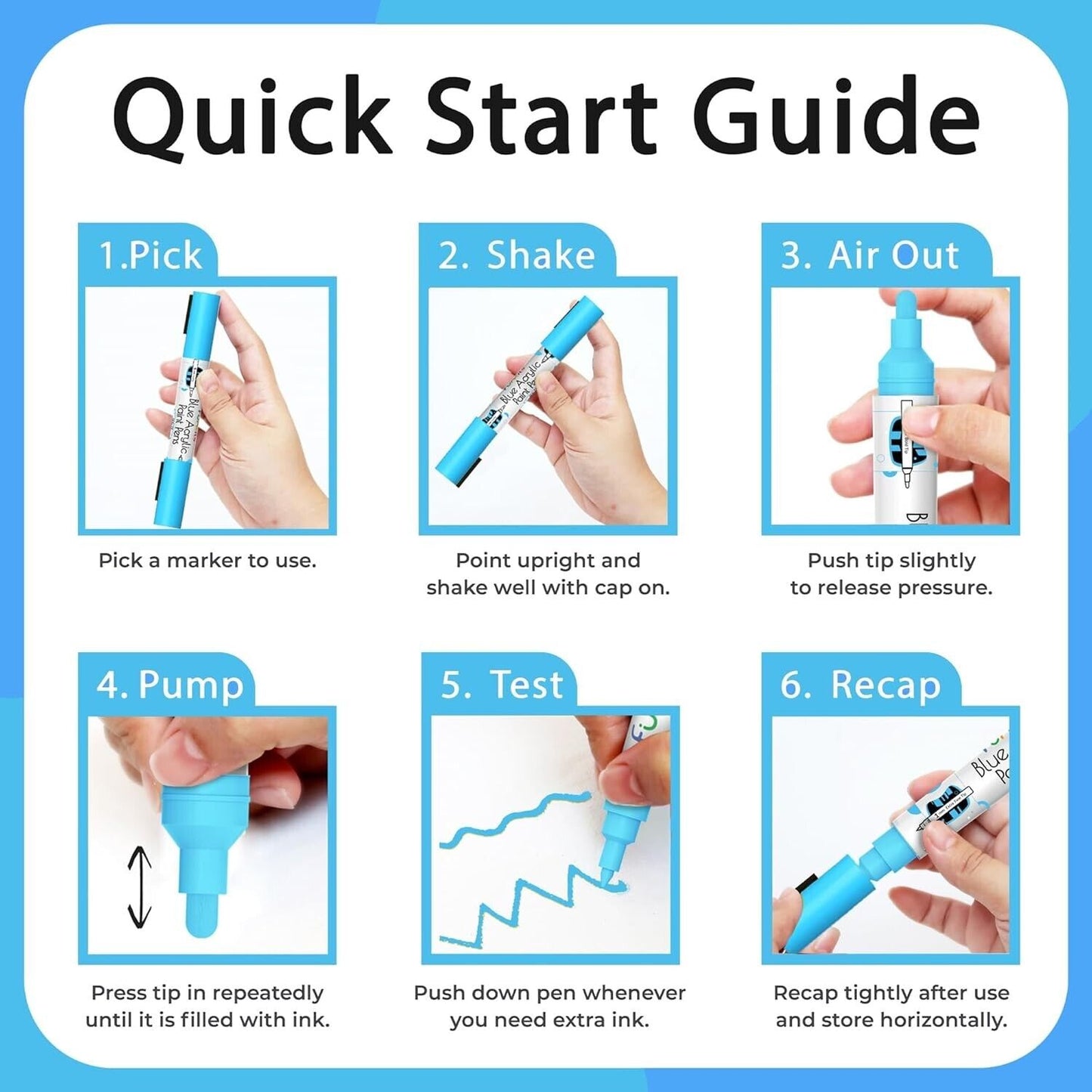 Quick Start Guide for blue metallic paint markers showing steps for use and refilling