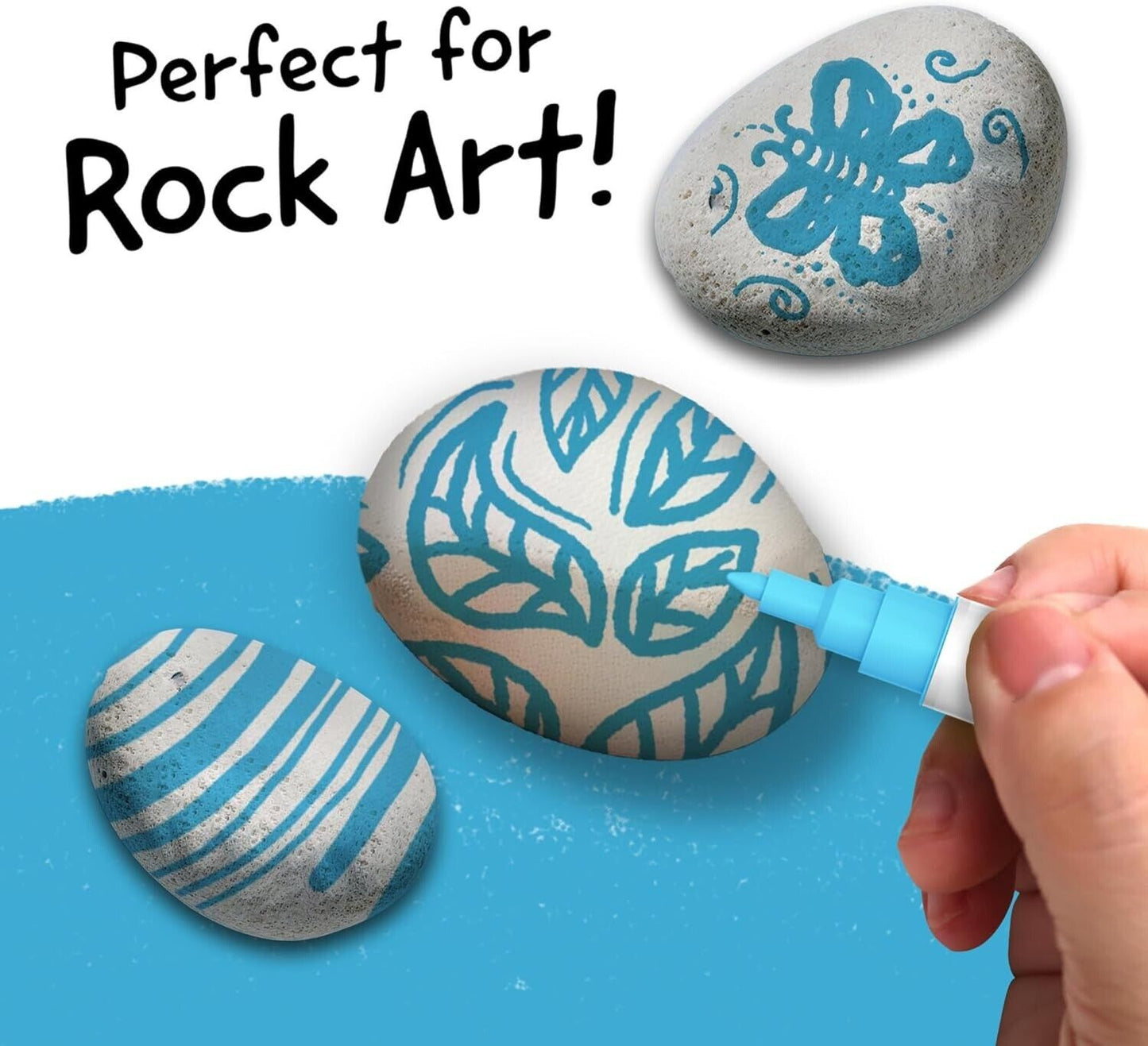 Blue metallic paint markers ideal for creating detailed designs on rock art