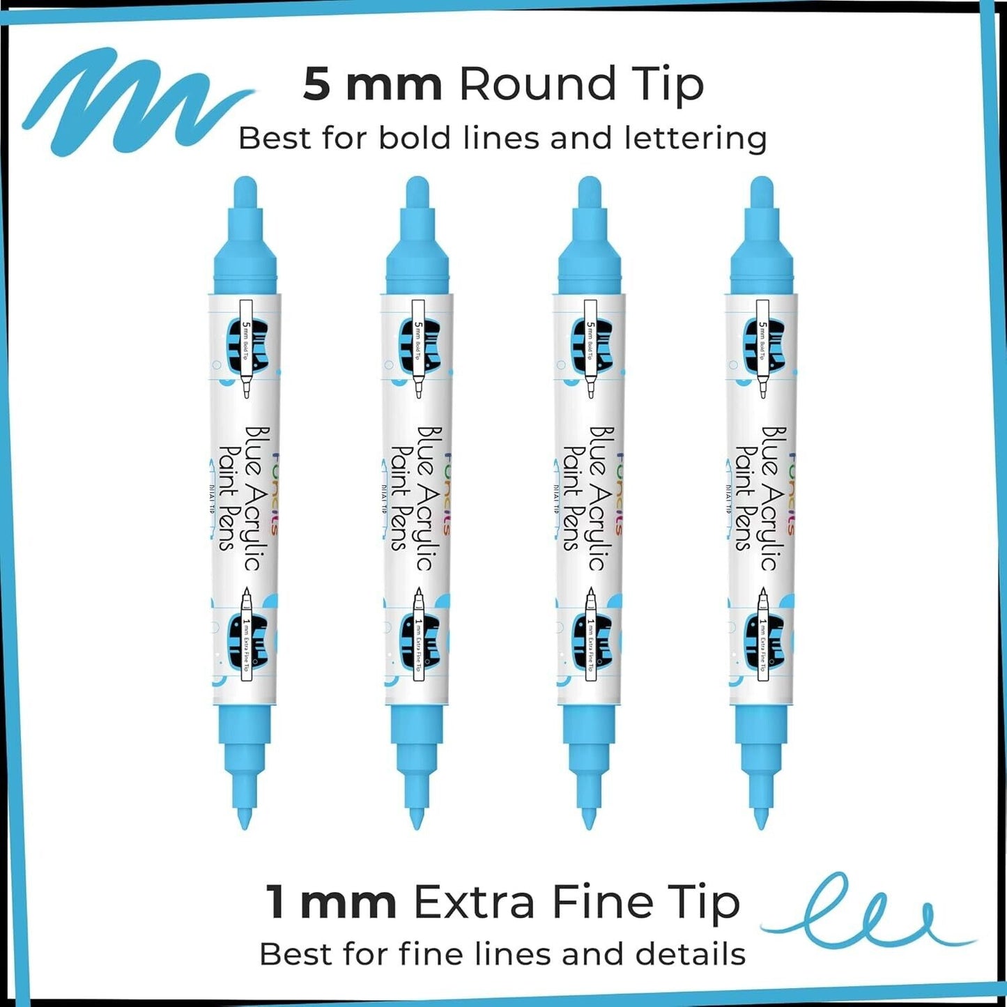 Set of four blue metallic paint markers with various tip sizes for artistic projects