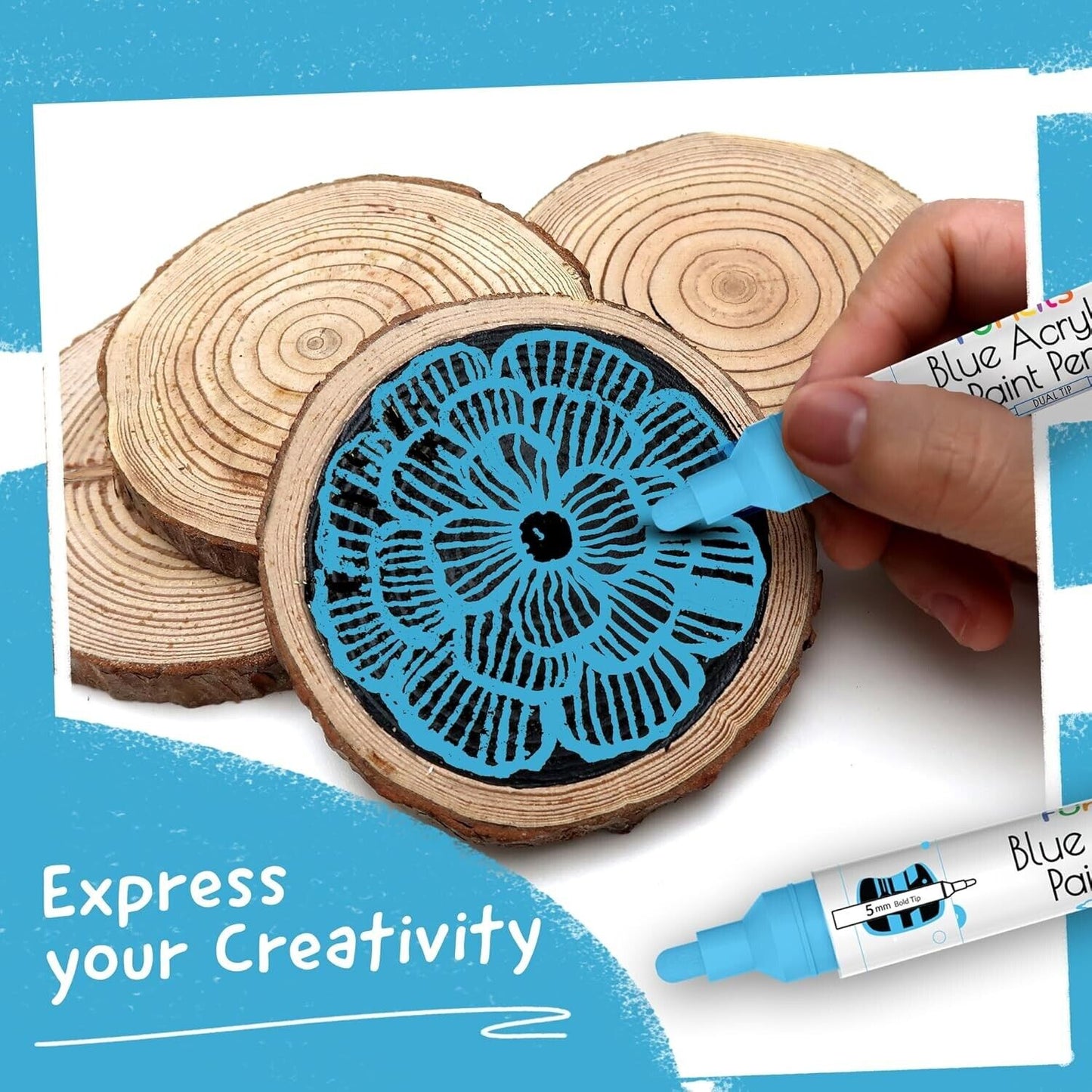 Blue metallic paint markers used for crafting on wooden coasters with floral design