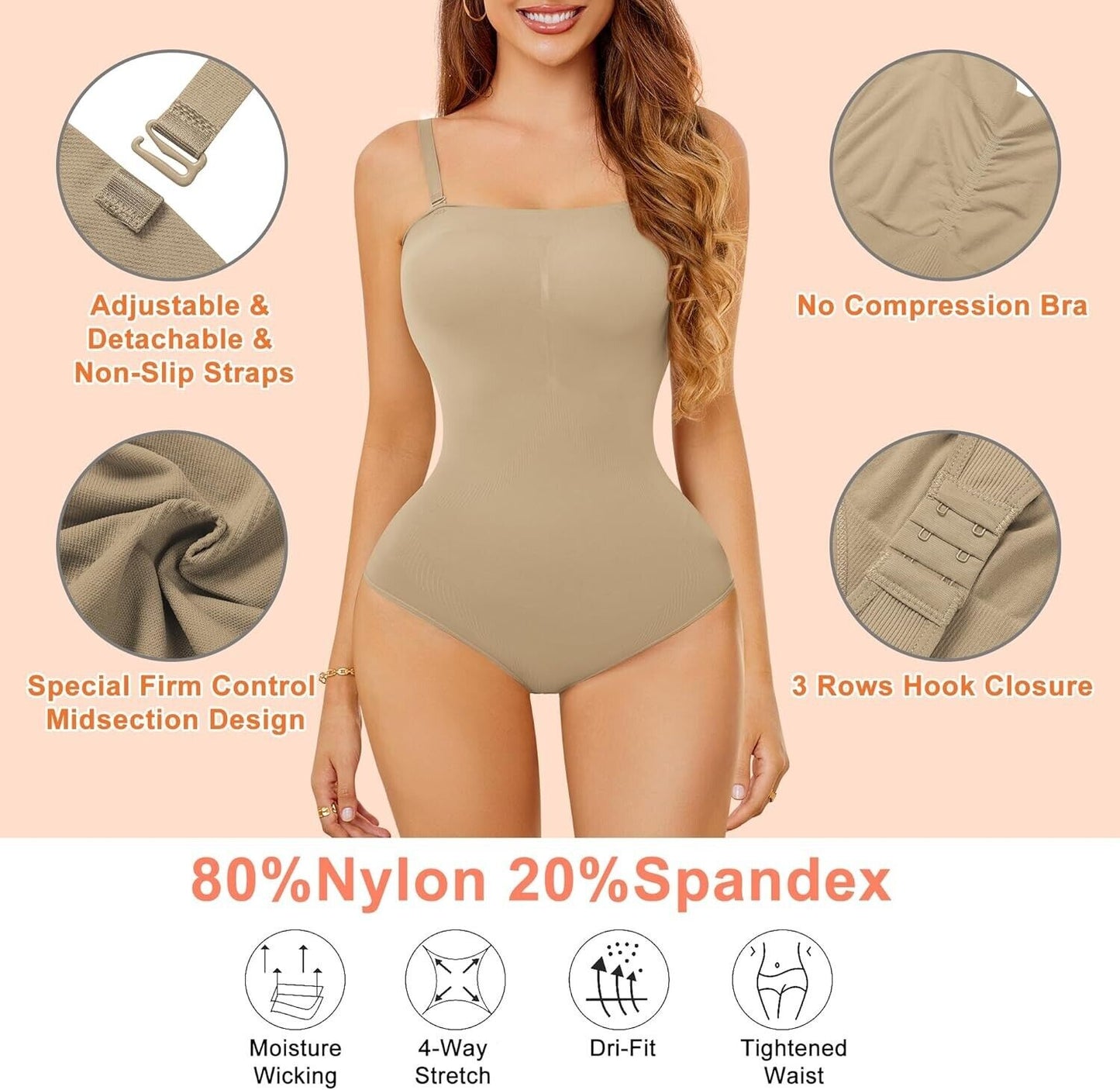 Women's shaping bodysuit XL in nude with adjustable straps and firm control design for a smooth silhouette