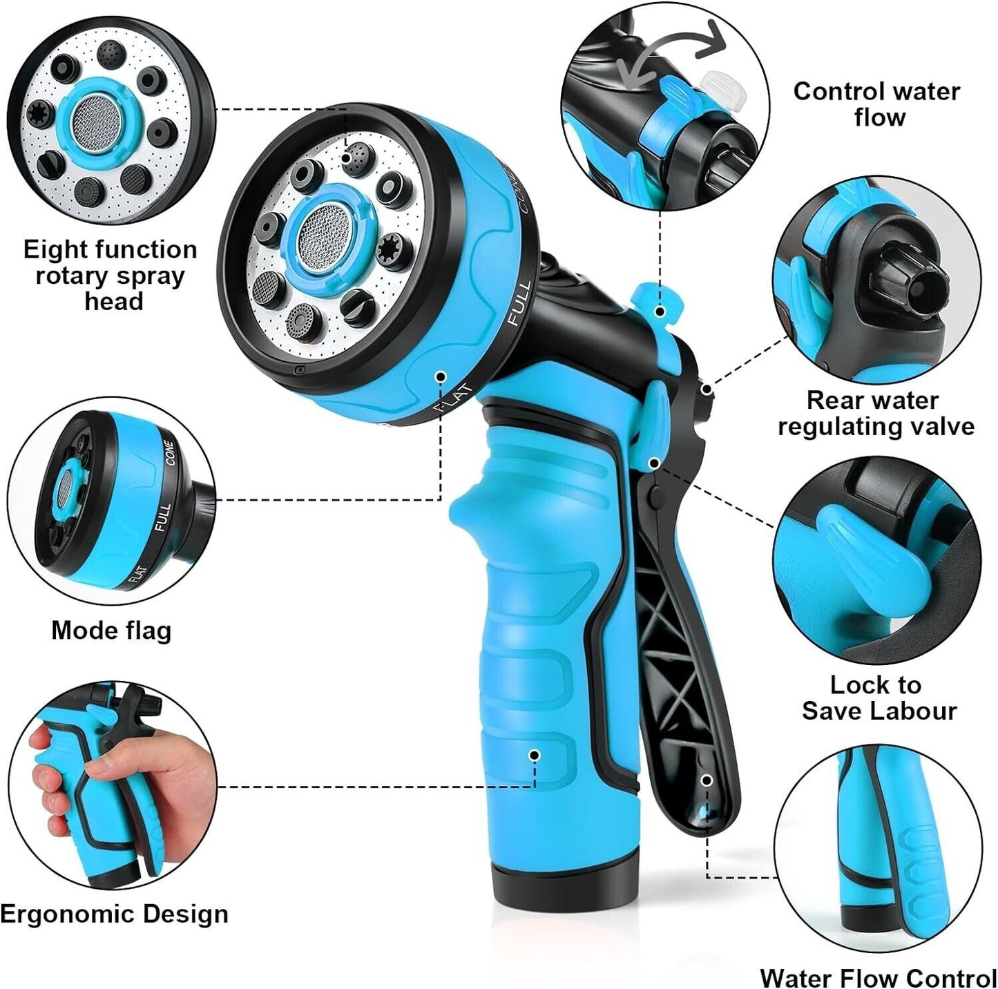 Ergonomic hose pipe spray gun for garden with multiple functions and water flow control features