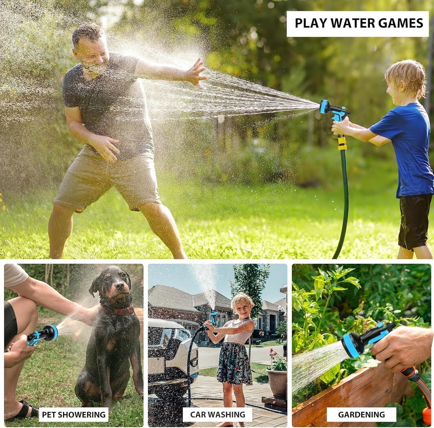 Man and child play with a hose pipe spray gun for garden, enjoying outdoor water games