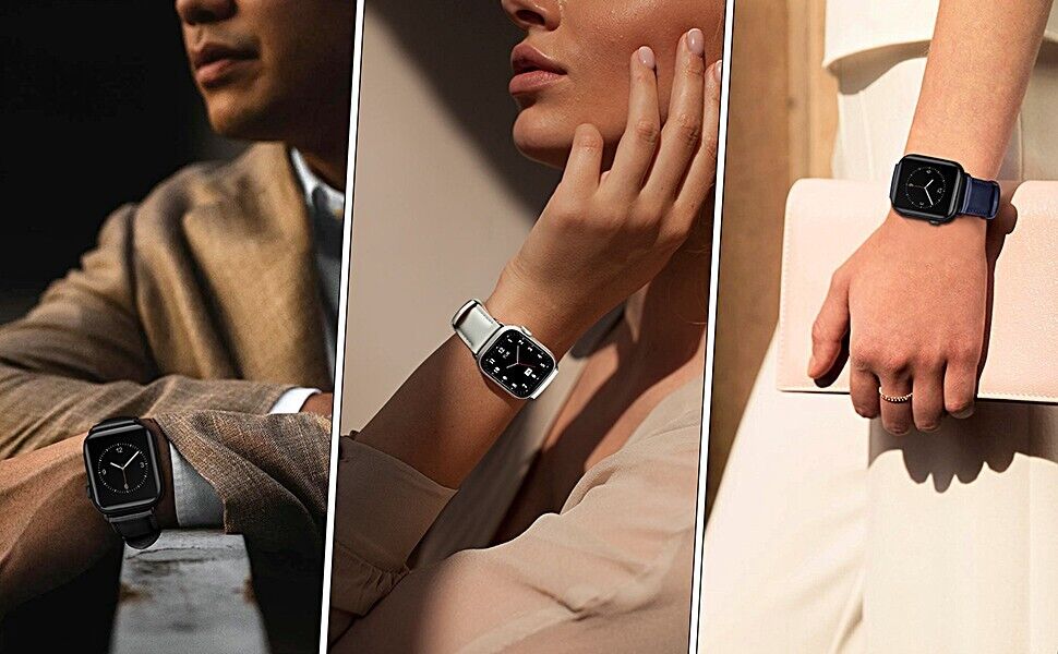 Genuine black leather apple watch strap showcased on stylish individuals in various settings