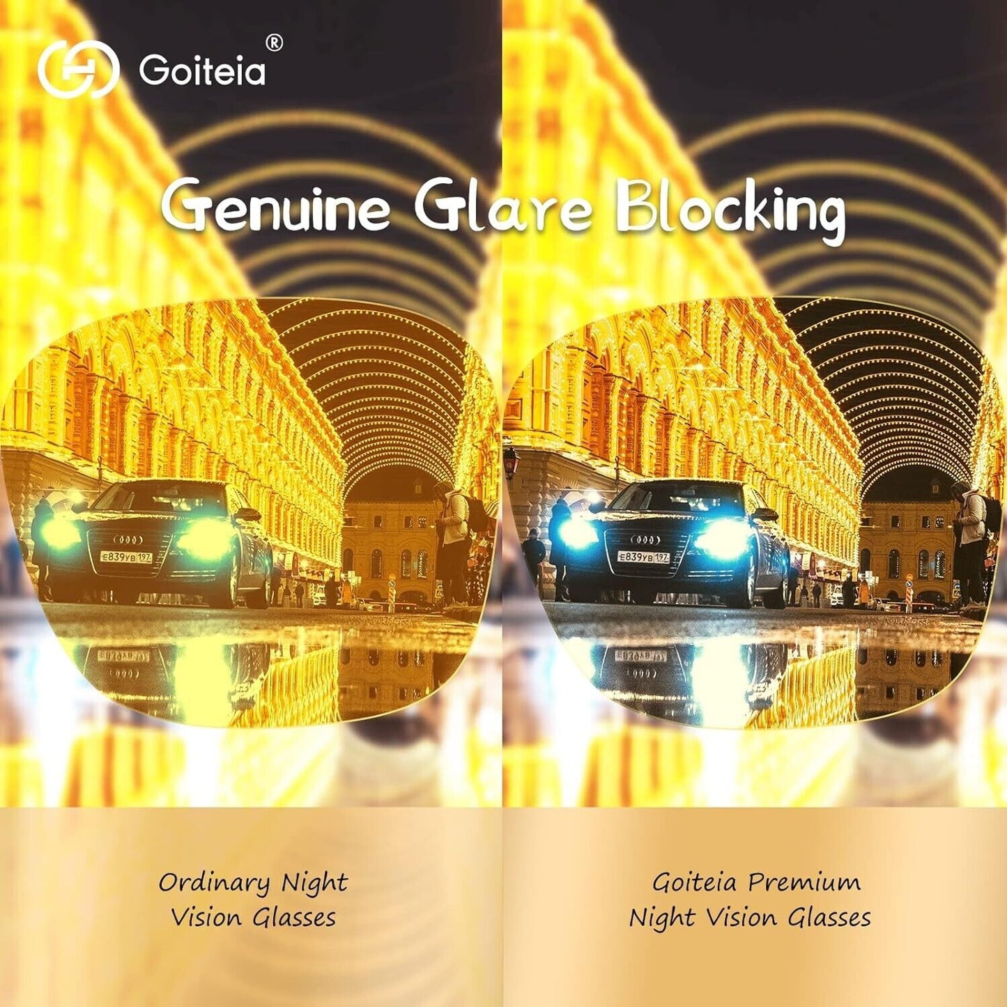 Goiteia night driving glasses for glare reduction with genuine glare blocking feature illustrated in comparison