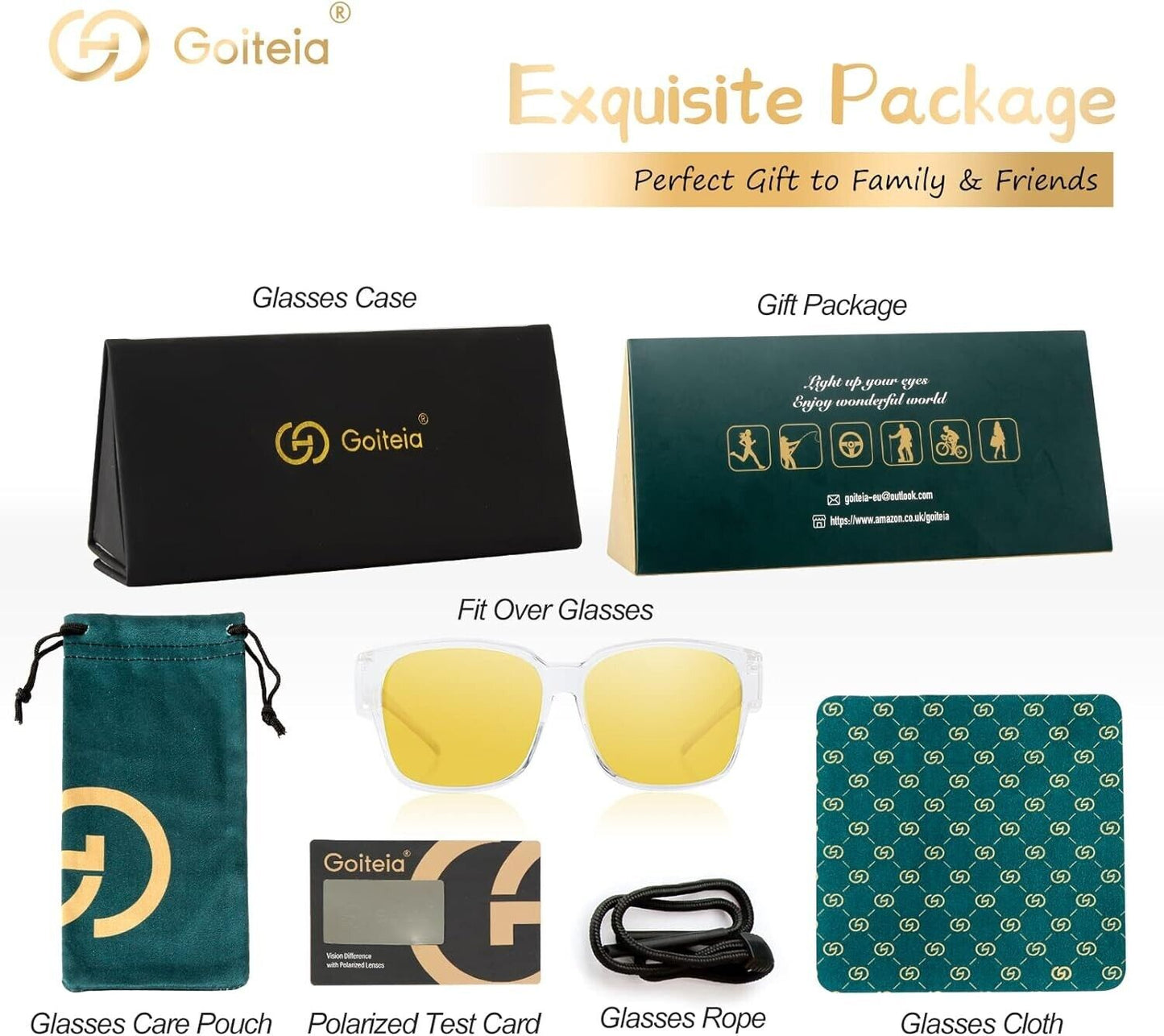 Goiteia night driving glasses for glare reduction with case, cleaning cloth and accessory pouch