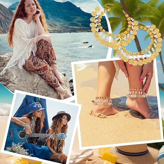 Collection of gold ankle bracelets for women styled on beach and outdoor settings
