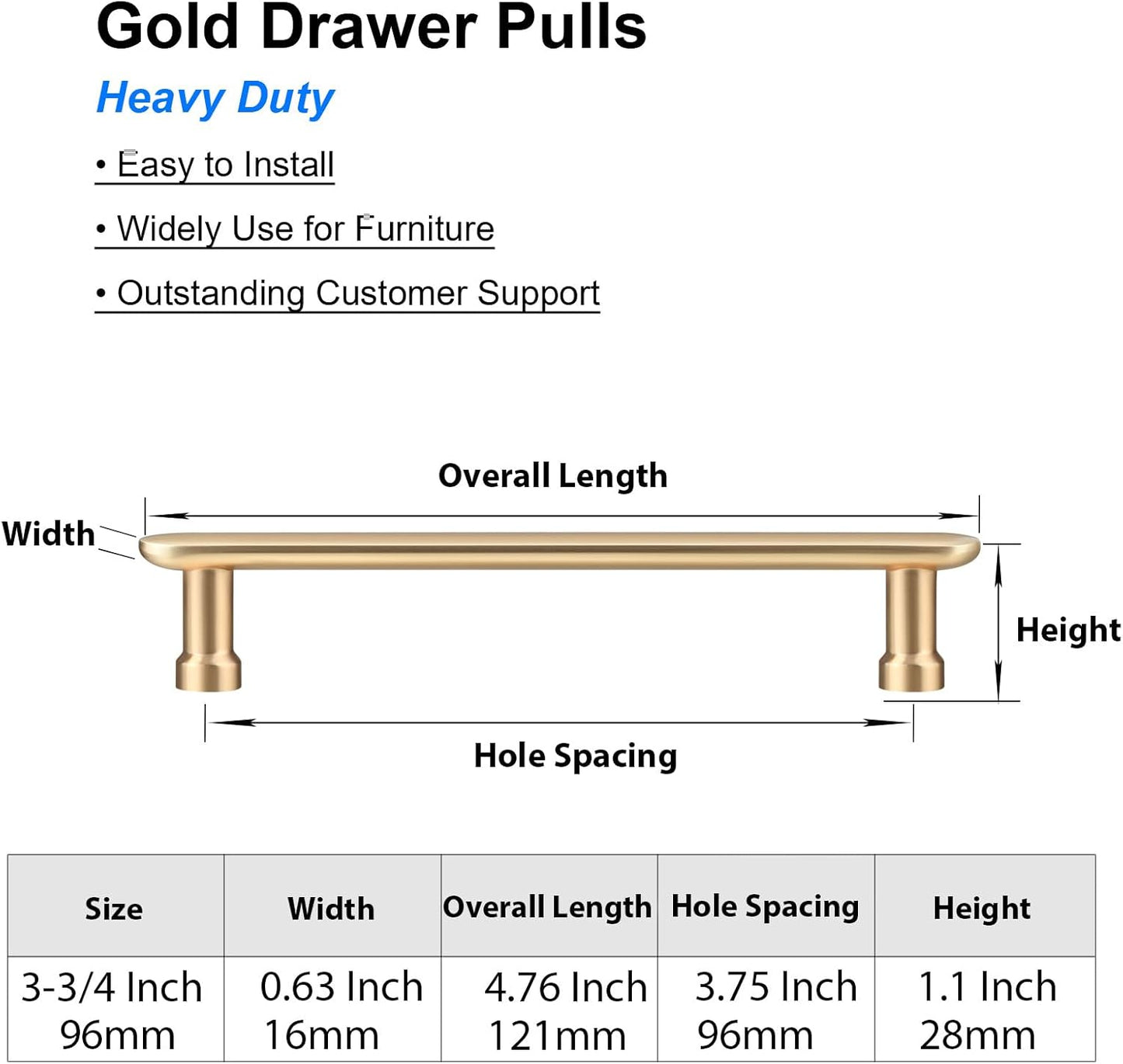 Aititan gold cabinet handles 96mm suitable for easy installation on furniture