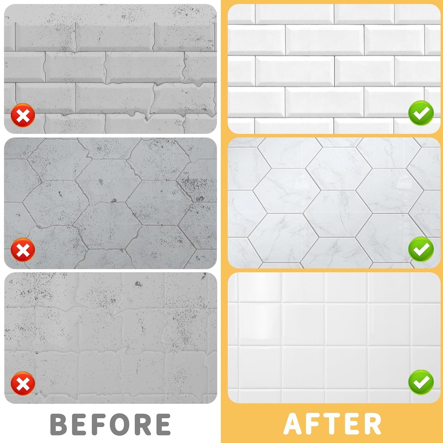 Before and after images showing tile transformation using a grout pen for tile repair