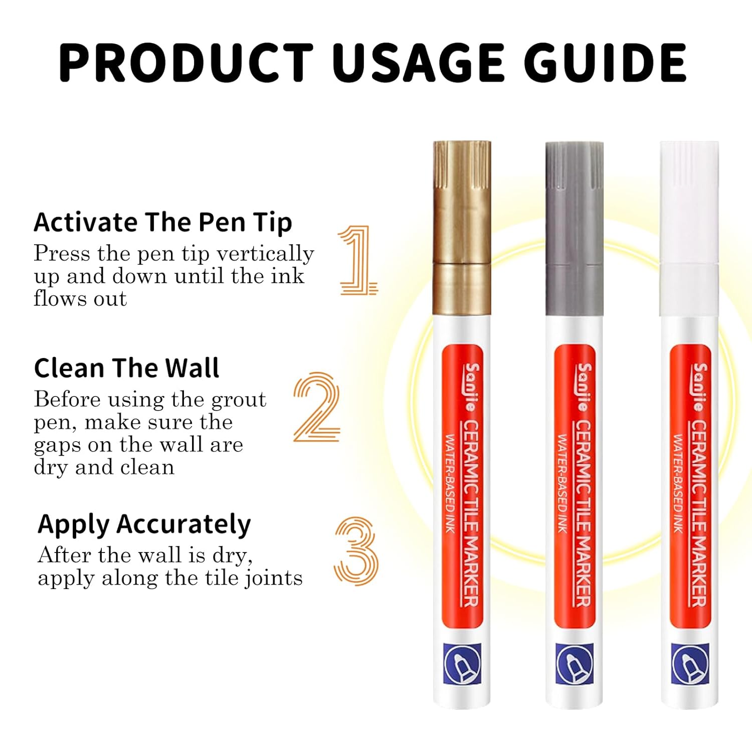 Product usage guide for Sanjie grout pen for tile repair with steps for activation, cleaning, and application