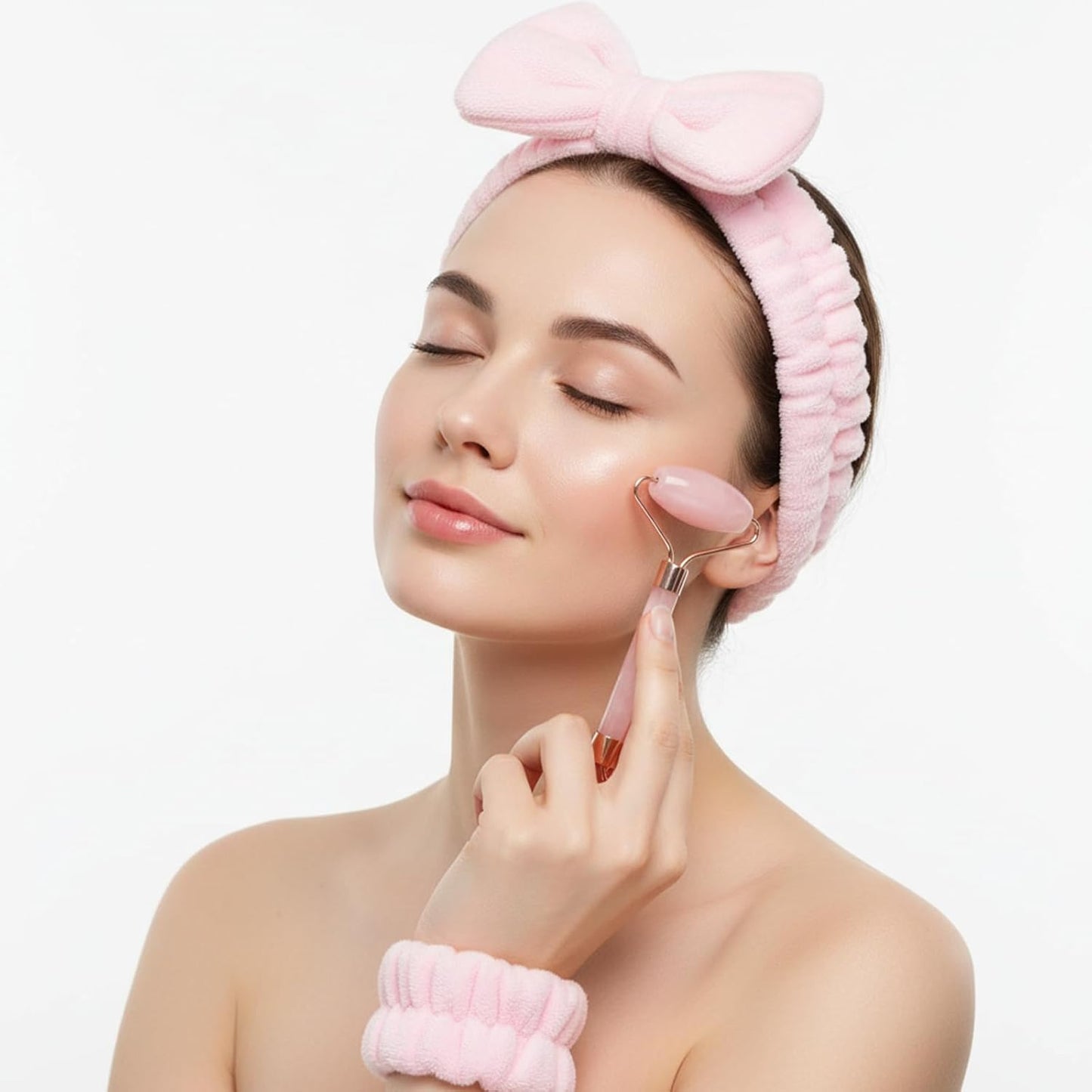 Woman using a gua sha tool on her face, wearing a pink headband and scrunchies for skincare routine
