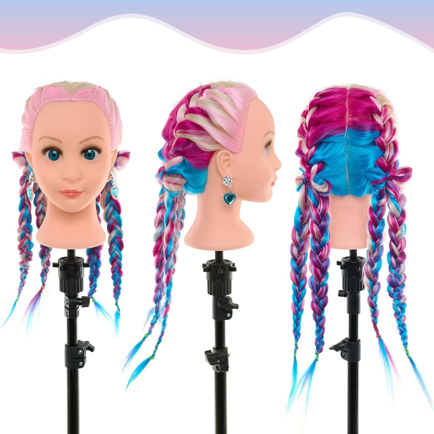 22 inch hairdressing training head with realistic features and vibrant braided hair in pink and blue