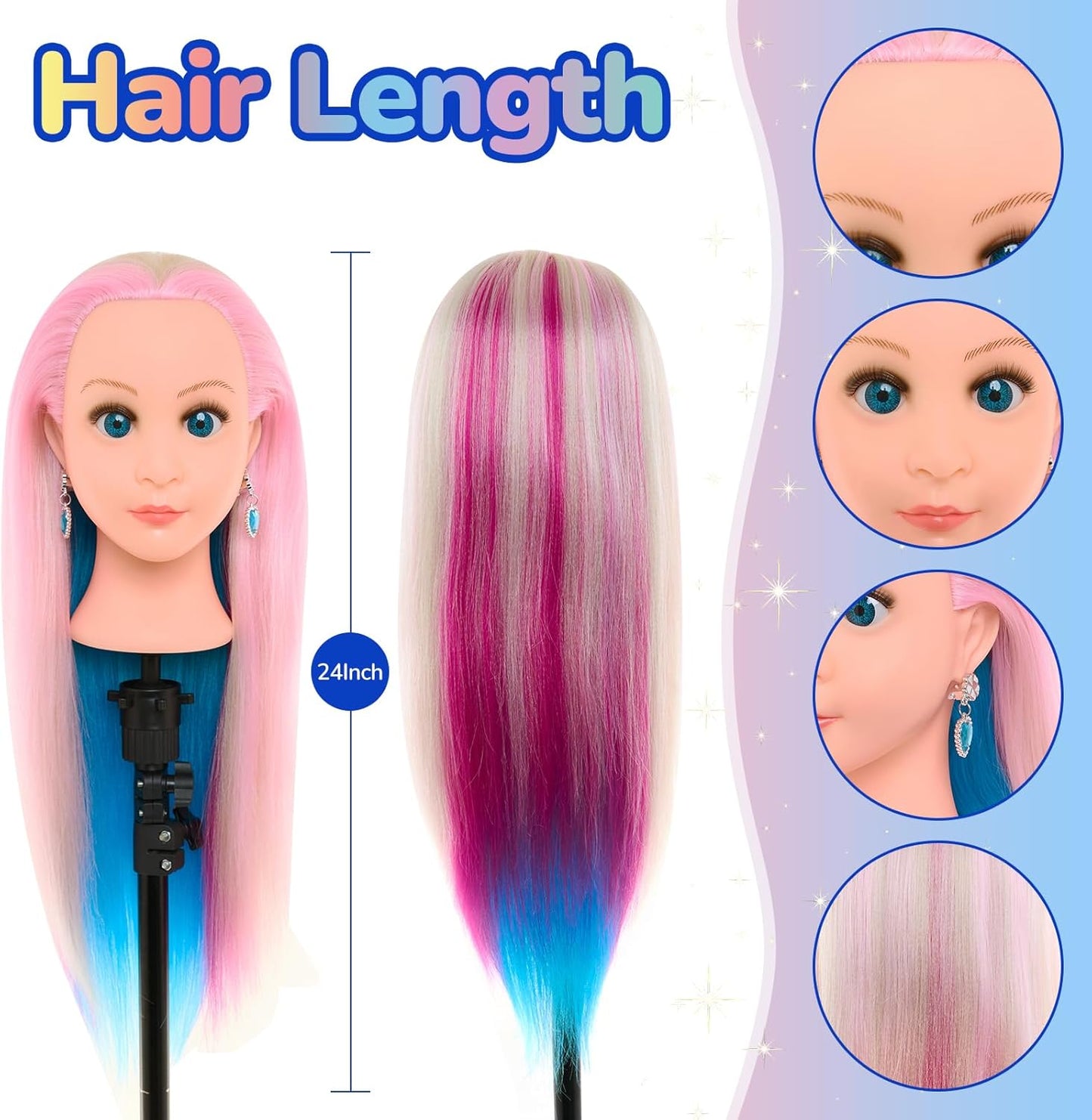 22 inch hairdressing training head with pink and blue hair for hairstyling practice