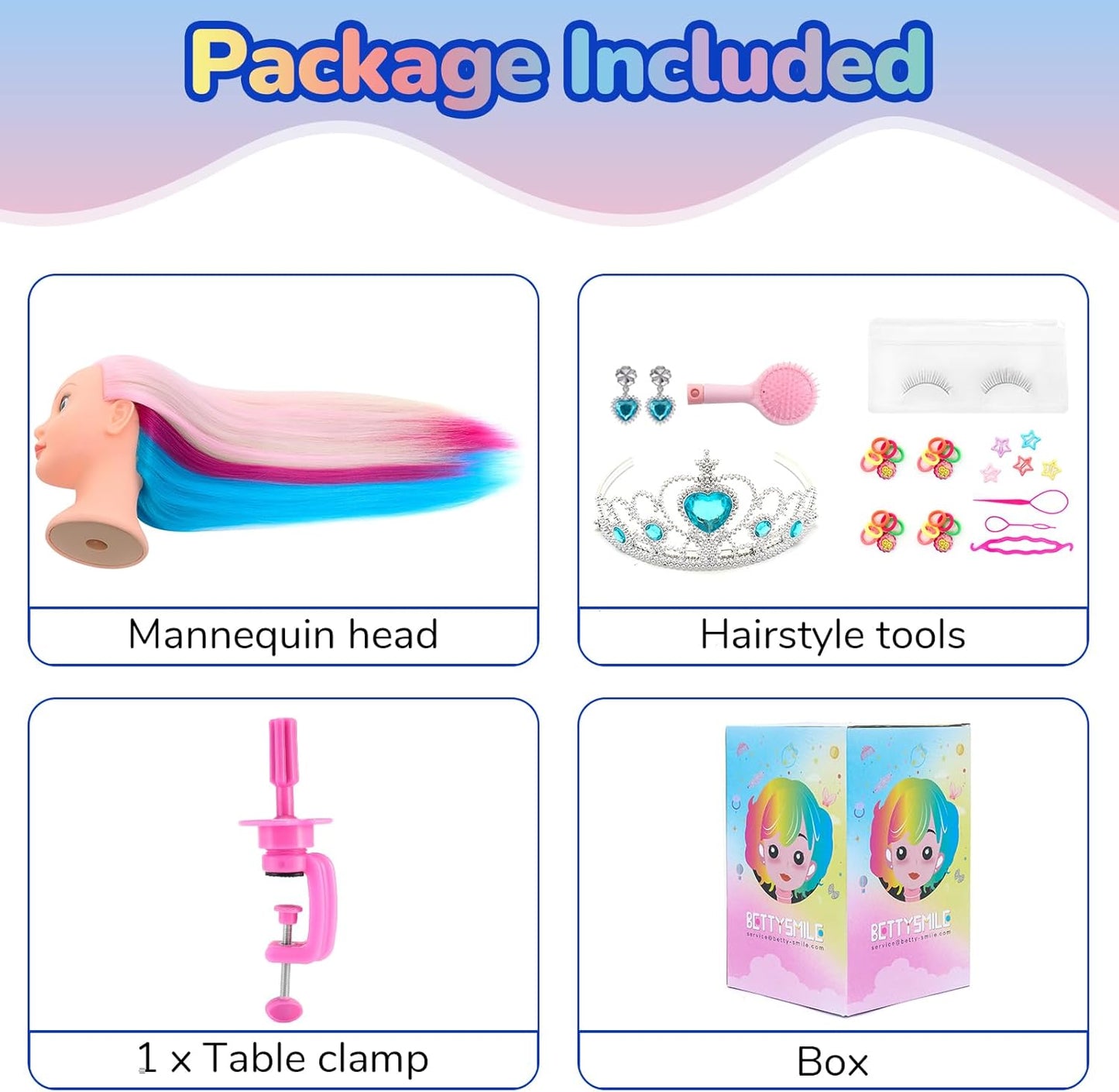 22 inch hairdressing training head with styling tools and accessories in a colourful package