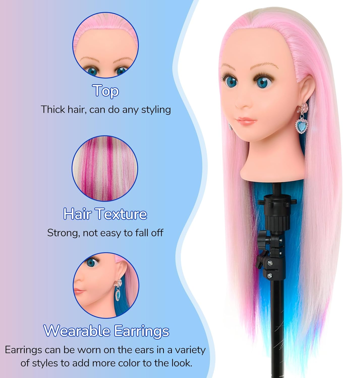 22 inch hairdressing training head with thick hair, strong texture, and wearable earrings for styling practice