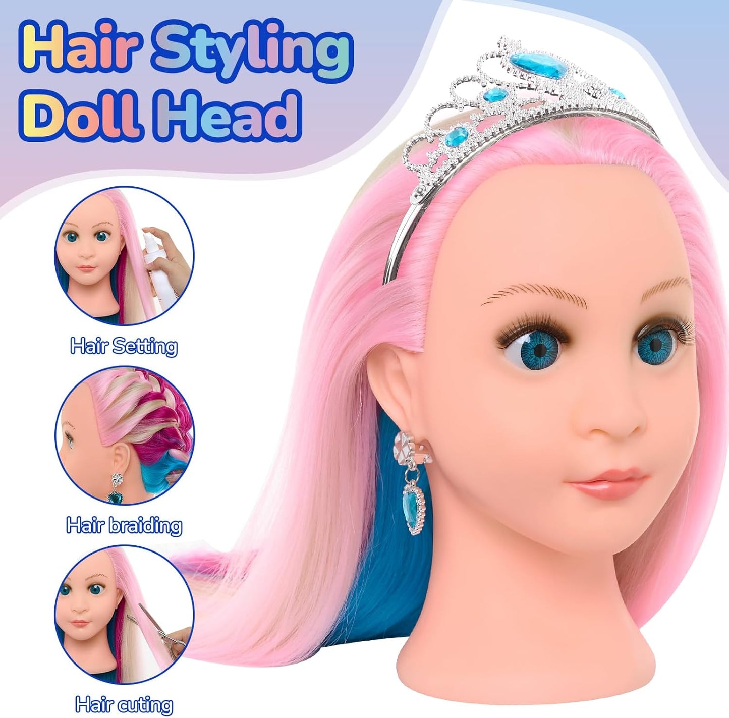 22 inch hairdressing training head with styled pink hair and tiara for aspiring stylists