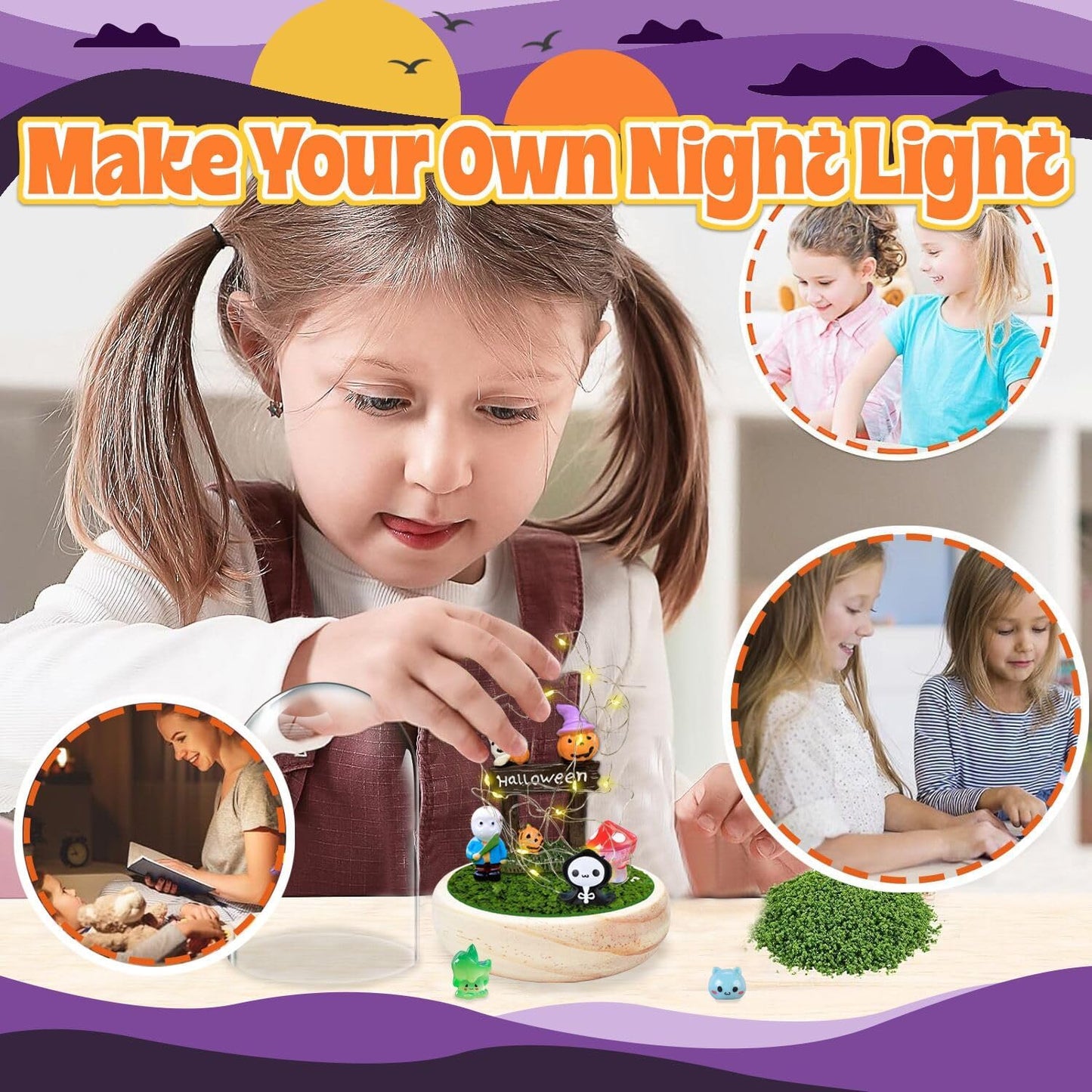Halloween craft kit for kids featuring a girl making a night light with fun decorations and moss