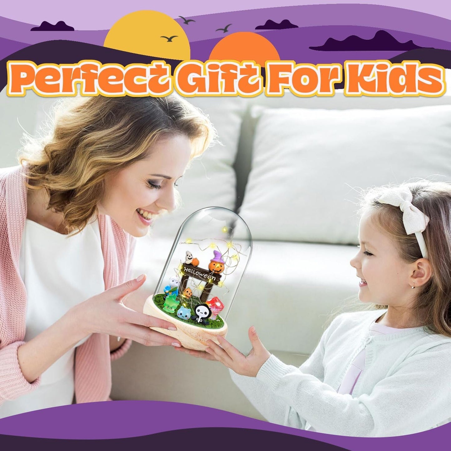 Mother and daughter creating together using a Halloween craft kit for kids in a cosy living room