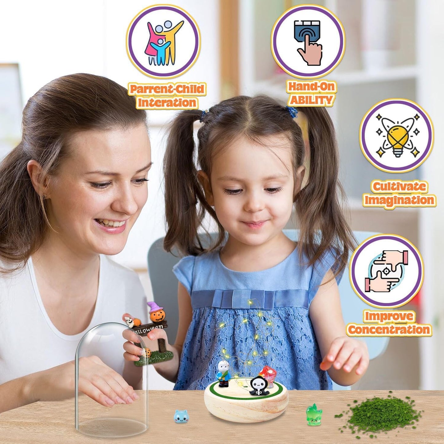 Mother and daughter using a Halloween craft kit for kids with playful figures and craft materials