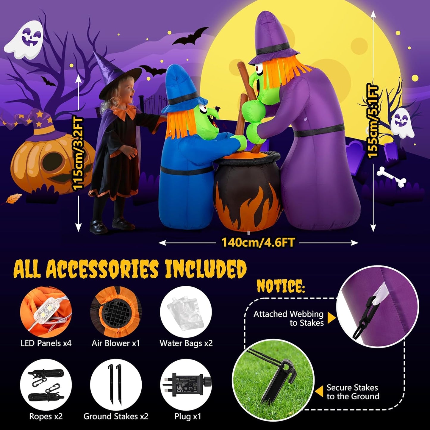 Halloween witch inflatable outdoor decoration featuring two witches brewing a cauldron in a spooky setting