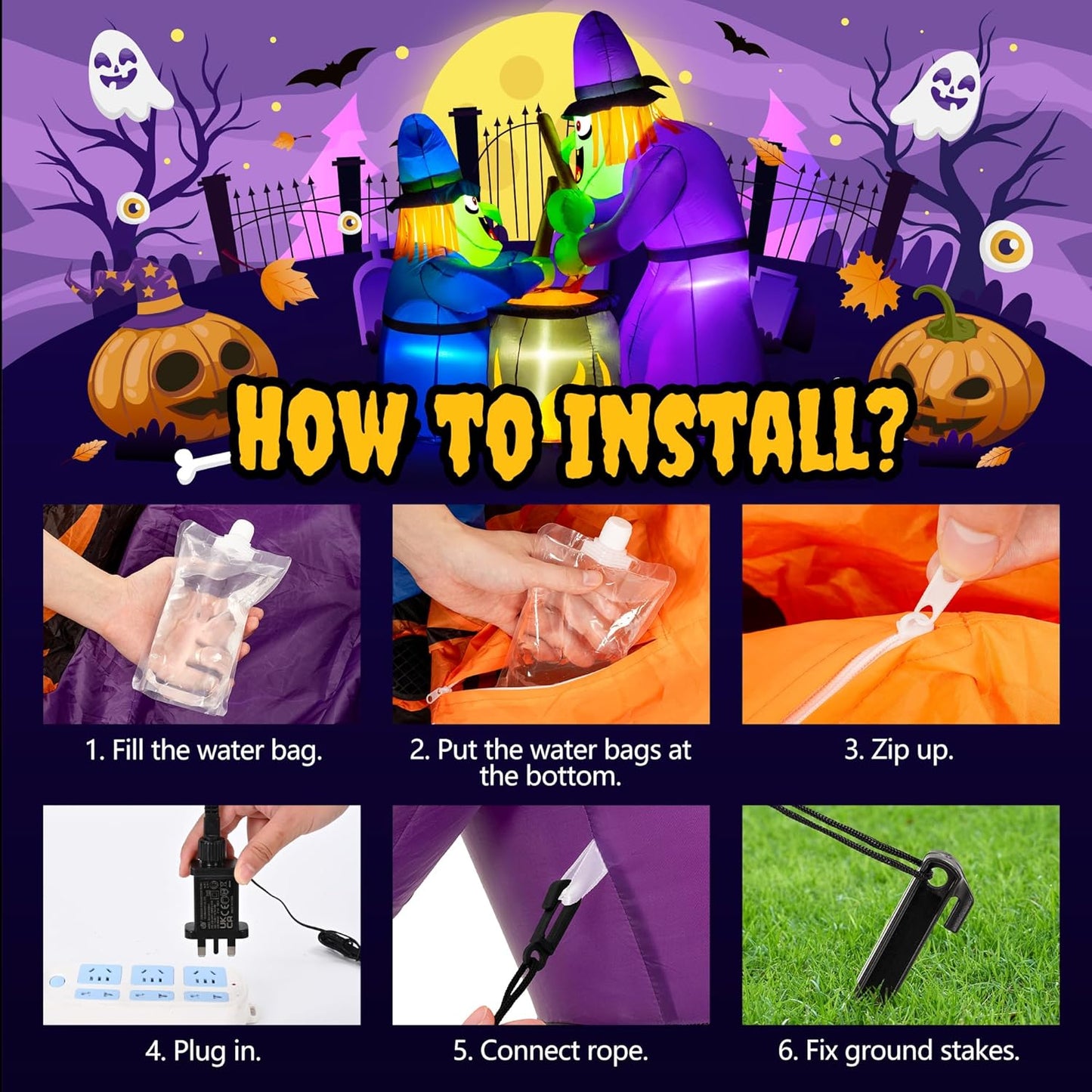 Step-by-step guide for setting up the Halloween witch inflatable outdoor decoration by Solplex