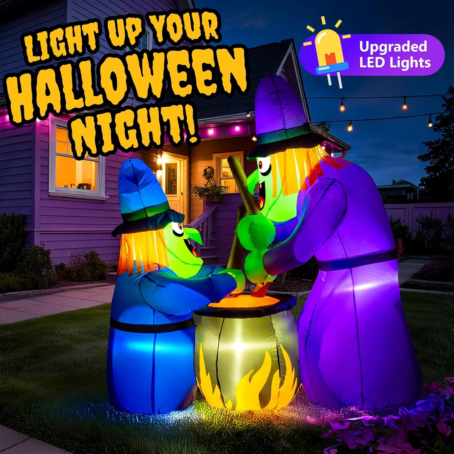 Halloween witch inflatable outdoor decoration with upgraded LED lights next to a spooky house