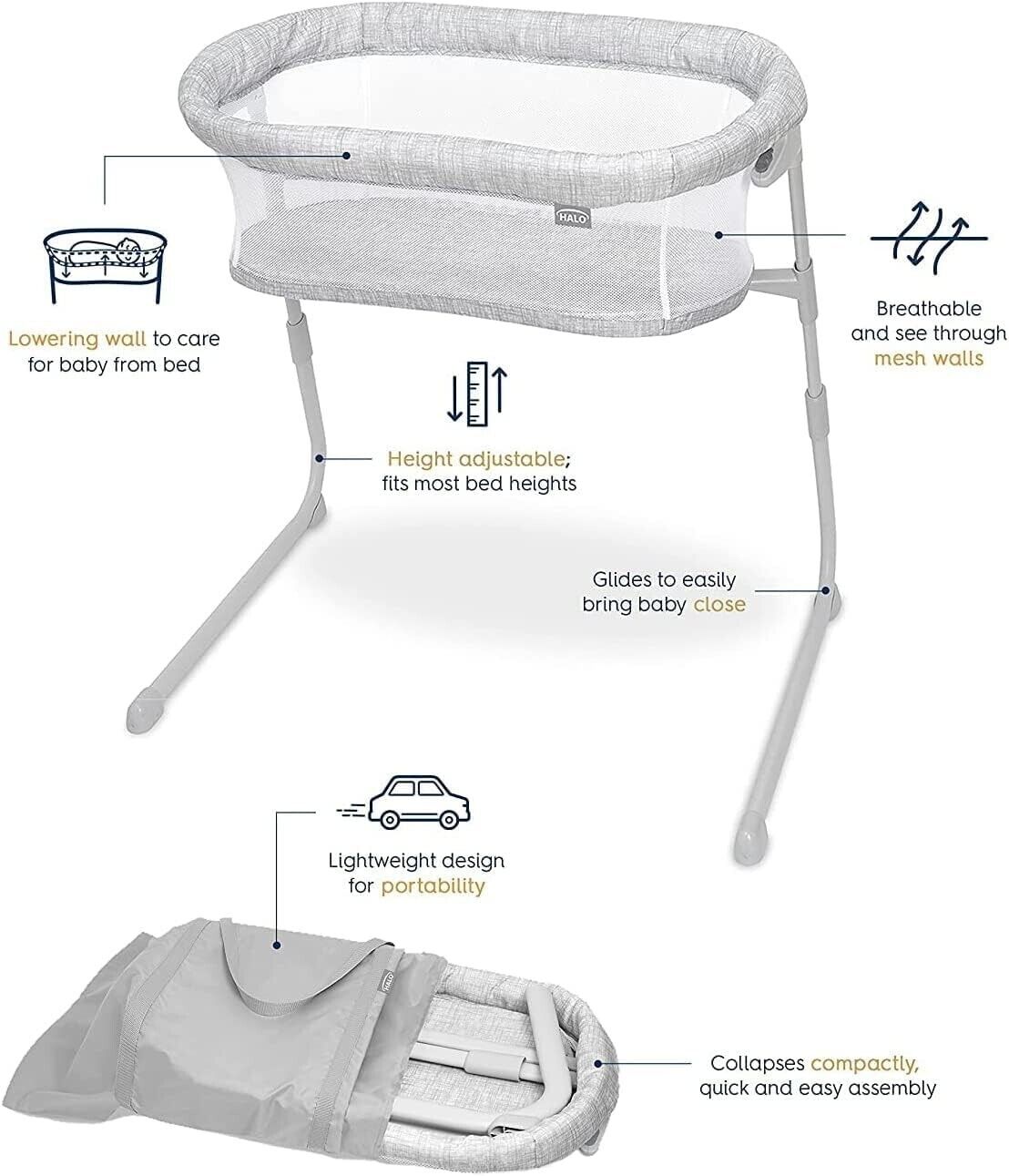 Halo baby bassinet sleeper with adjustable height, breathable mesh, and lightweight design for easy portability
