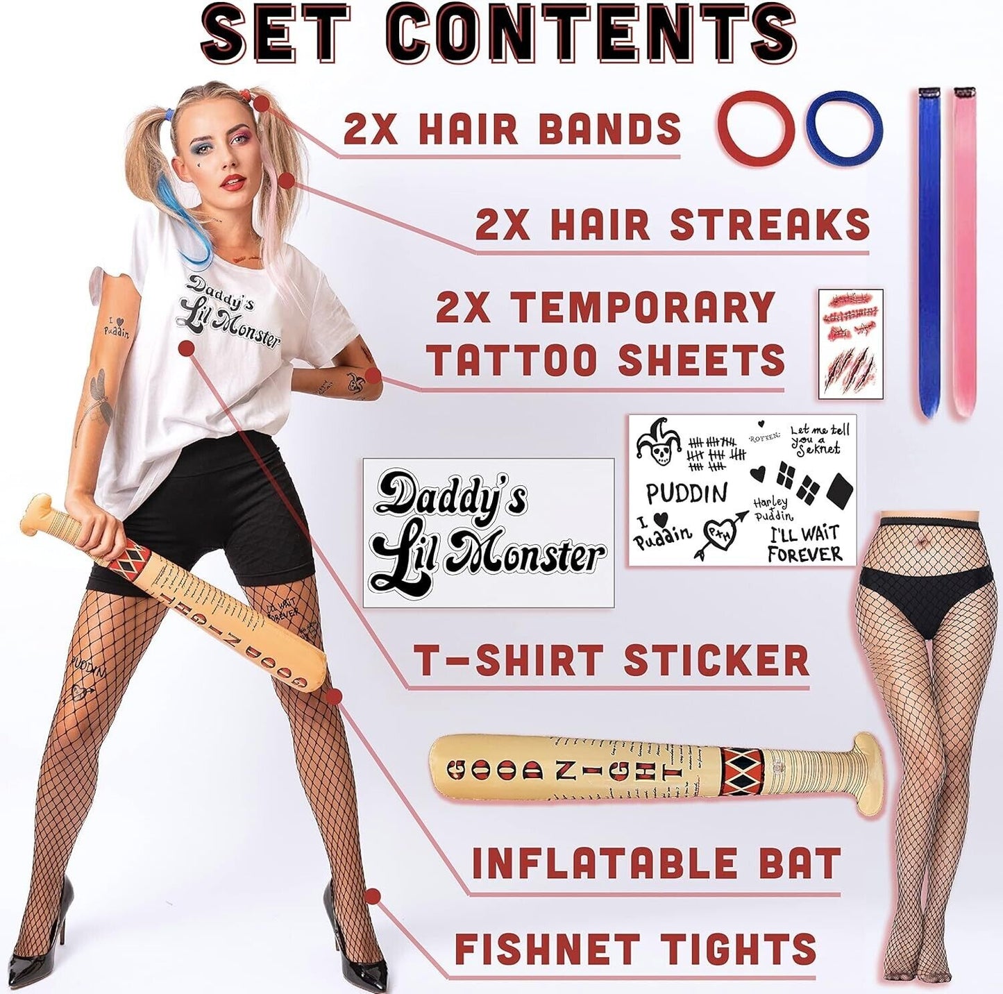 Harley Quinn Halloween costume set featuring a T-shirt, inflatable bat, and accessories for a complete look