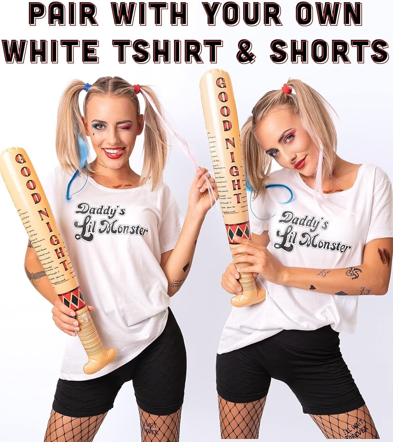 Harley Quinn Halloween costume set featuring a model holding a baseball bat and wearing a white T-shirt and shorts