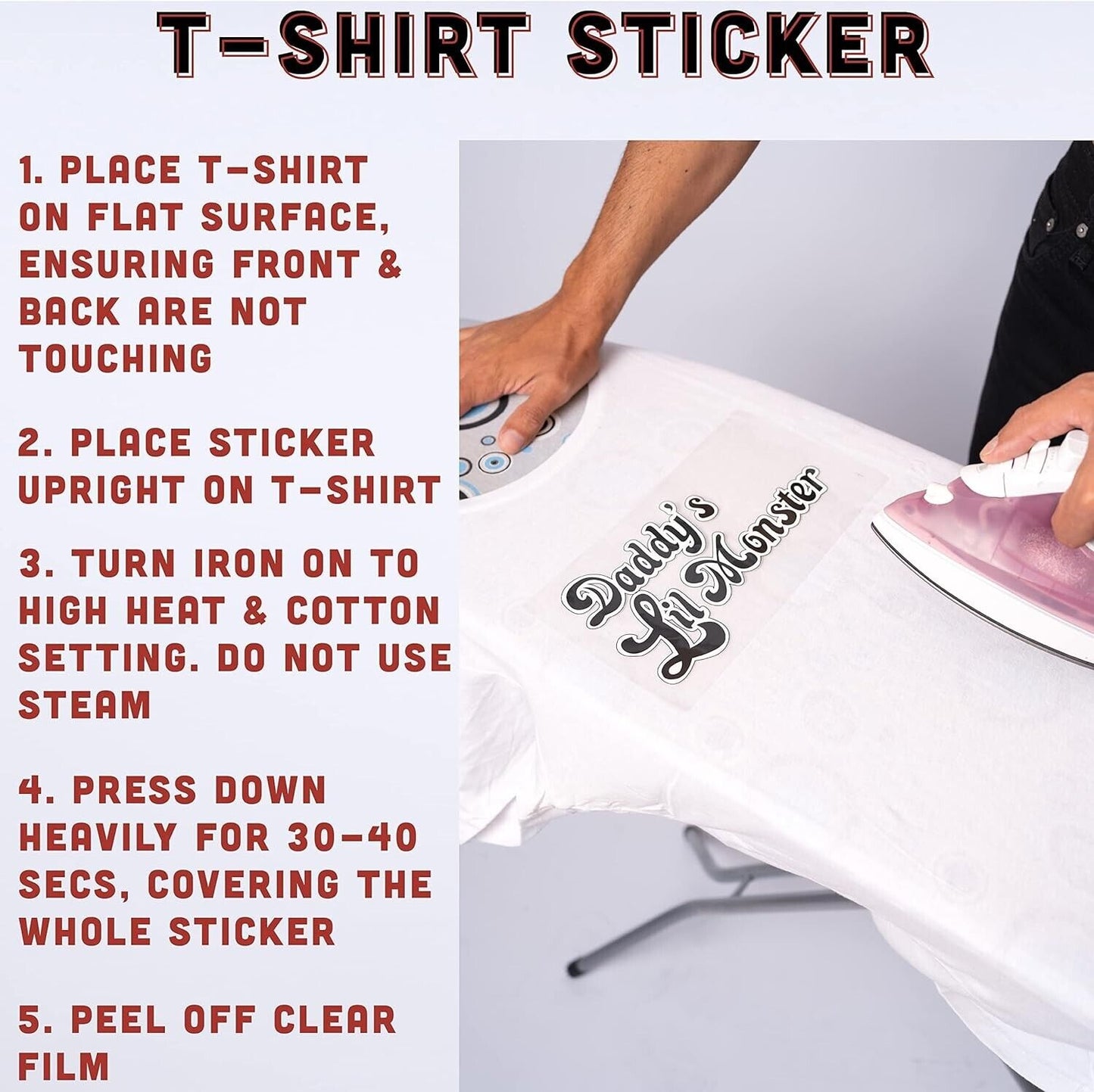 Instructions for applying T-shirt sticker on a Harley Quinn Halloween costume set