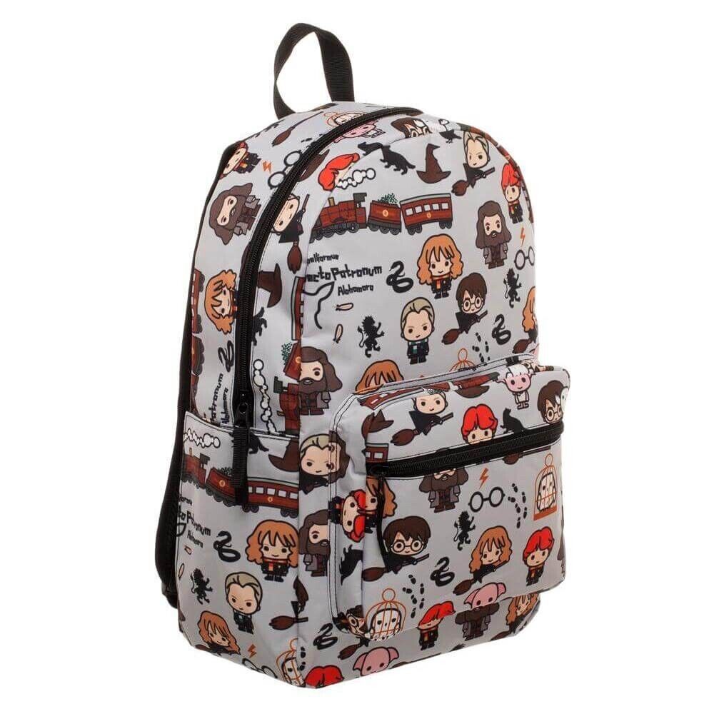 Harry Potter chibi backpack featuring colorful character designs and a front pocket for everyday use