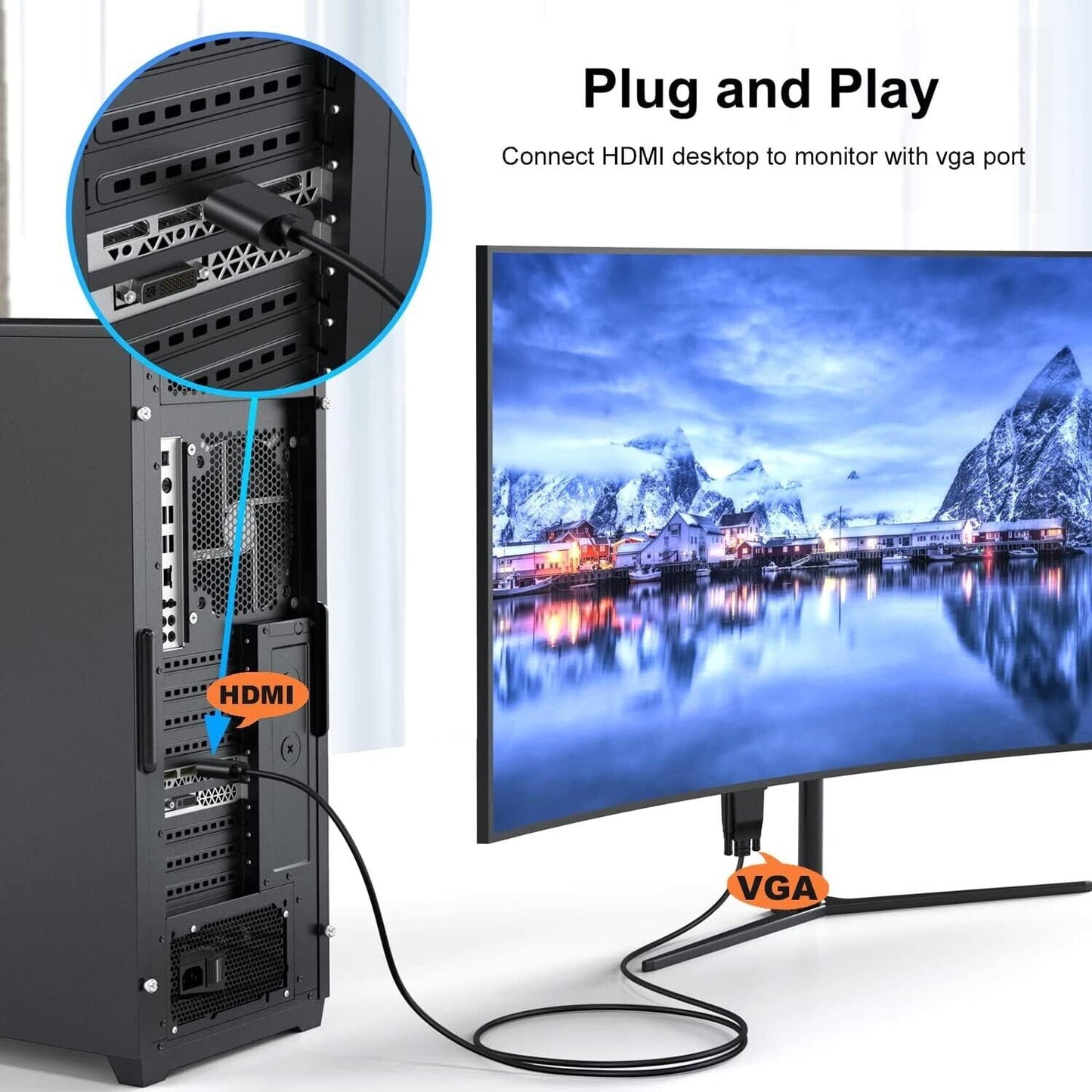 Doonjiey HDMI to VGA 1.8m cable connecting desktop to monitor for seamless display