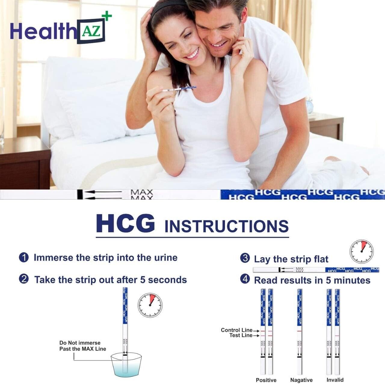 HealthAZ pregnancy test strips with urine cups and step-by-step usage instructions for accurate results
