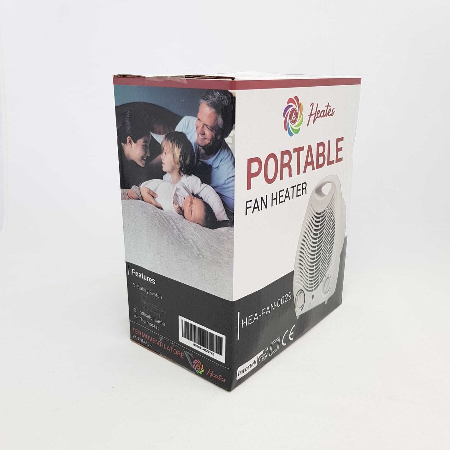 The Trading Warehouse portable fan heater 2000w box featuring family enjoying warmth at home