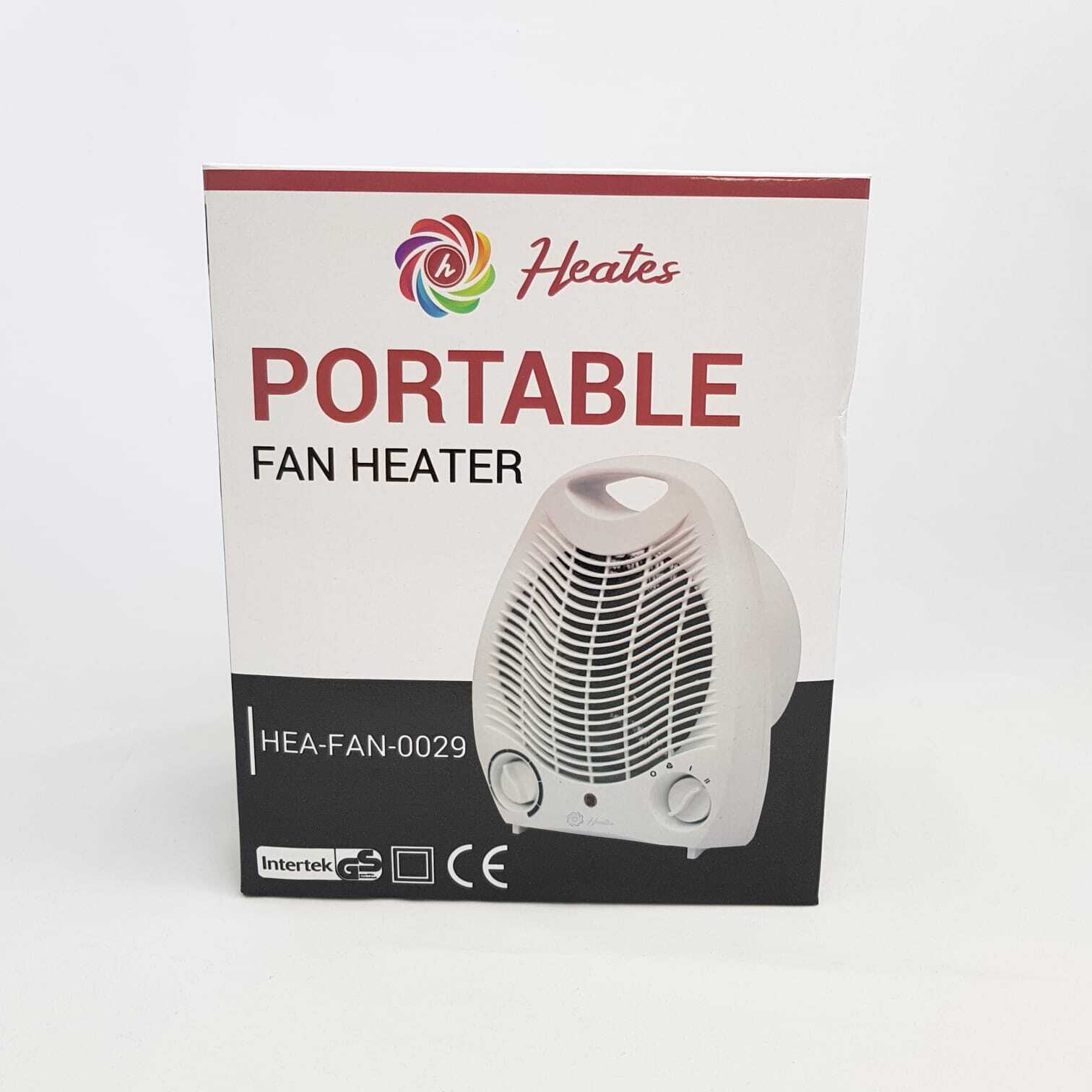 Portable Fan Heater 2000W box design featuring controls and specifications for home use
