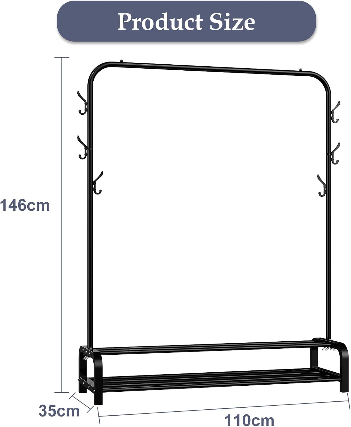 LOEFME heavy duty clothes rail for bedroom with dimensions 110cm wide and 146cm high