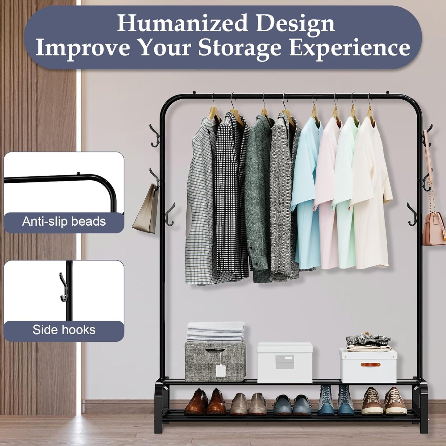 LOEFME heavy duty clothes rail for bedroom displaying various garments and storage boxes beneath