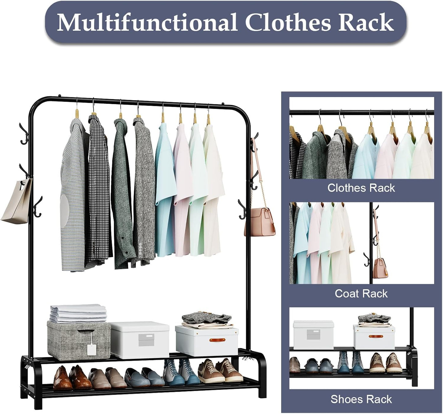 LOEFME heavy duty clothes rail for bedroom with multiple hooks and storage for coats and shoes
