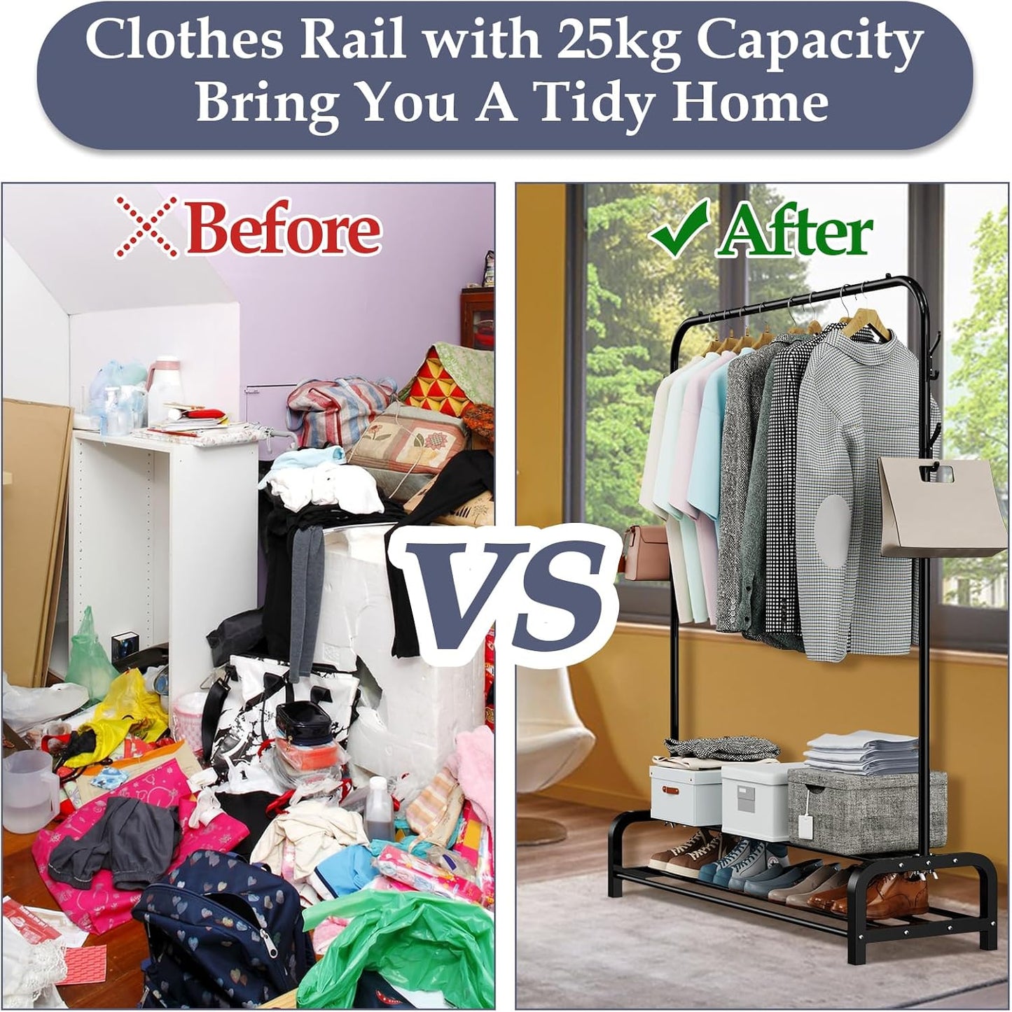 Before and after of a heavy duty clothes rail for bedroom showcasing improved organisation and 25kg capacity