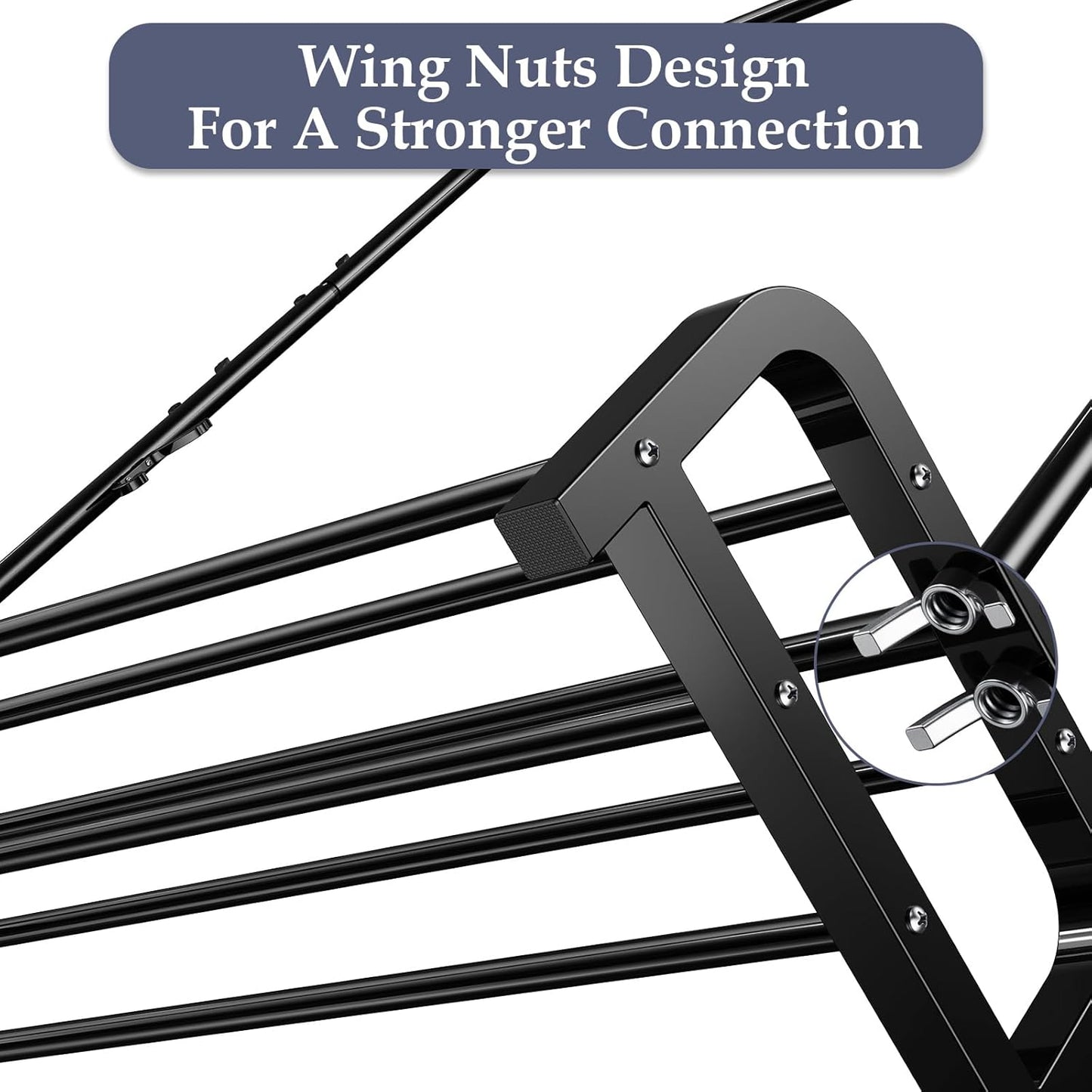 Close-up of LOEFME heavy duty clothes rail for bedroom featuring wing nuts design for a stronger connection